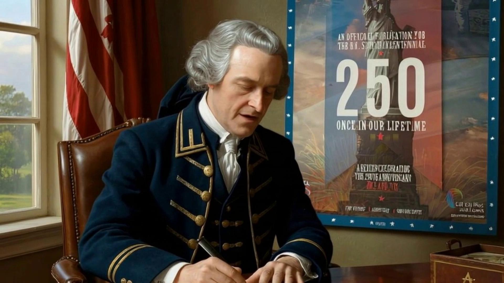 Prompt: Have John Hancock talk, make sure the picture on the wall is fine quality and have turn and point to the poster on the wall. 