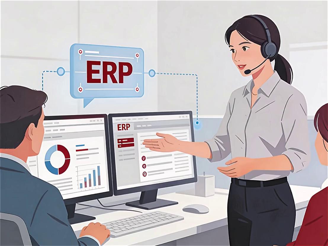 Prompt: A professional, semi-realistic corporate video based on the input image, representing ERP support and maintenance.

Scene shows a female ERP support consultant explaining how to resolve an ERP-related issue. She is standing or seated in front of a computer screen, calmly guiding the solution step-by-step.

The woman appears confident, professional and approachable, business-casual attire, realistic proportions, no exaggerated gestures.

Computer screens display abstract ERP system visuals, dashboards and system flows without any readable text, numbers, code or logos.

Subtle hand gestures and natural head movement while explaining the solution.

Motion is smooth and minimal: light camera movement, gentle zoom or parallax, no fast cuts.

Visual emphasis on support, guidance, problem-solving and system stability.

Environment: modern, clean office or support desk, uncluttered and professional.

Color palette aligned with Alpha ERP branding: neutral greys and soft blues, with subtle deep red accents (#881C22) used sparingly.

Lighting is soft and realistic, corporate and calm.

No text overlays, no subtitles, no logos, no UI labels.

Overall mood: reassuring, expert, trustworthy, long-term support partner.