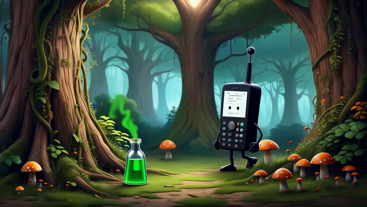 Prompt: a telephone is alive but one moment he found a potion in a magic forest that it drank and make him giant with electricity and muscles