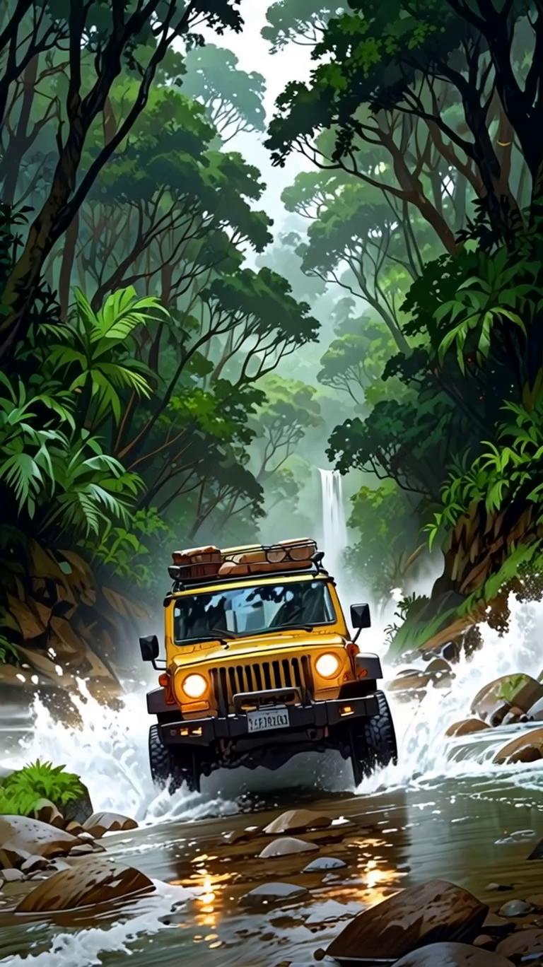Prompt: A rugged off-road Jeep drives powerfully through a rocky, uneven river deep inside a lush green forest. The Jeep struggles confidently over large stones and an unstable riverbed, causing water to splash dramatically to both sides with every turn of the wheels.The vehicle moves steadily forward, showing its strength and durability as the suspension flexes over the rocks. Water droplets fly into the air, catching the light and creating dynamic motion.Camera: cinematic front-to-side tracking shot, starting from the front angle and smoothly shifting toward a side perspective, emphasizing the Jeep’s bold design, height, and toughness. Slight camera shake adds realism and power, like an adventure movie scene.Lighting & Atmosphere: natural daylight filtered through jungle trees, soft mist from splashing water, reflections on wet rocks, realistic shadows, vibrant green environment.Mood: adventurous, powerful, cool, cinematic, off-road exploration.Style: realistic cinematic adventure, high-detail CGI or photorealistic style, smooth motion, epic outdoor feeling.