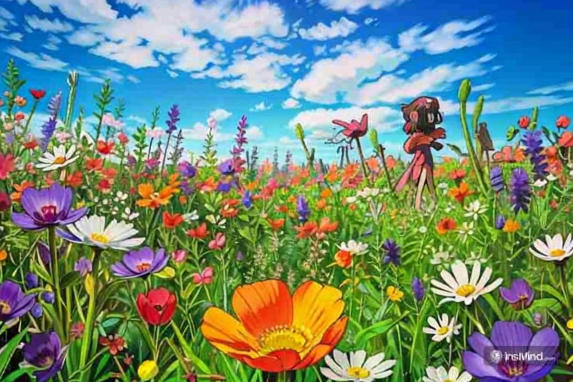 Prompt: A vibrant animated field of wildflowers gently swaying in the wind, with soft white clouds drifting slowly across a bright blue sky. The scene is cheerful and peaceful, in a whimsical, colorful art style. Use a slow forward dolly movement through the flowers, keeping the dreamy and lighthearted atmosphere intact.