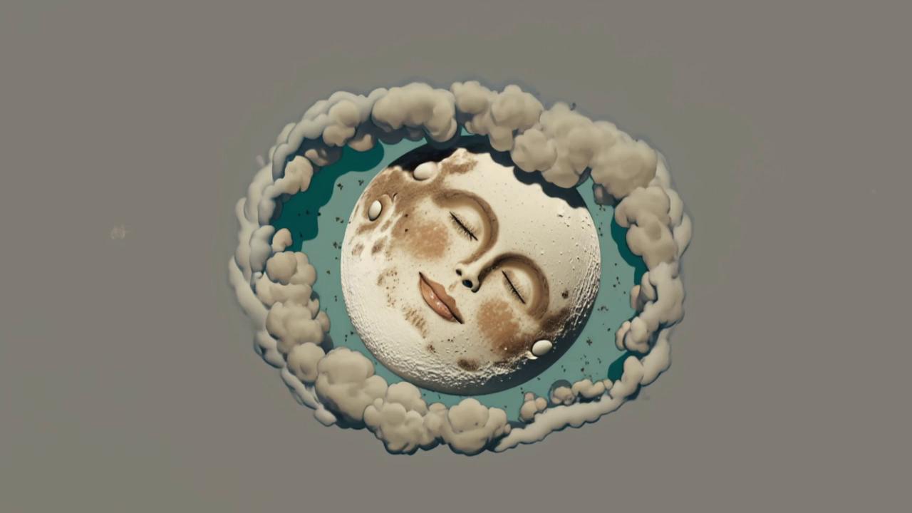 Prompt: A stylized depiction of the moon as a human face. The moon-face is positioned in the center of the image, with its features subtly rendered. The face has closed eyes, a gentle smile, and a nose that suggests a calm and peaceful expression.  The moon's surface is textured with craters and shadowed areas, creating a realistic representation of lunar terrain.  A ring of clouds, light beige and off-white, surrounds the moon-face, adding a dreamy and celestial atmosphere.  The clouds are depicted with soft, flowing edges and varied densities.  Stars are scattered throughout the ring of clouds and the sky surrounding the moon. The overall color palette is muted, with various shades of beige, brown, and dark grey, accented by touches of teal and white.  The lighting is soft, creating a serene and evocative mood. The style is reminiscent of vintage illustrations or artistic interpretations of the moon and celestial bodies.  The perspective is slightly angled, focusing on the moon-face within the cloud ring, suggesting an idyllic, dreamlike scene.