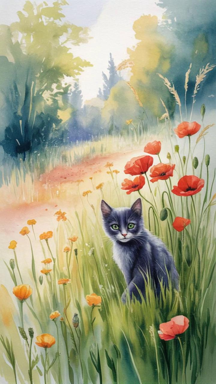 Prompt: A gentle watercolor animation set in a serene wildflower meadow on a sunny day. A fluffy gray cat  playfully trying to touch with his one paw on the fluttering butterflies that dance around in the warm air. Delicate red poppies, yellow wildflowers, and tall grasses sway softly in the breeze. The background shows softly painted trees and a sunlit path, with light particles floating in the air. The animation is smooth and whimsical, with a dreamy, peaceful atmosphere and natural movement in watercolor brushstroke style, the scene slowly zoom out.