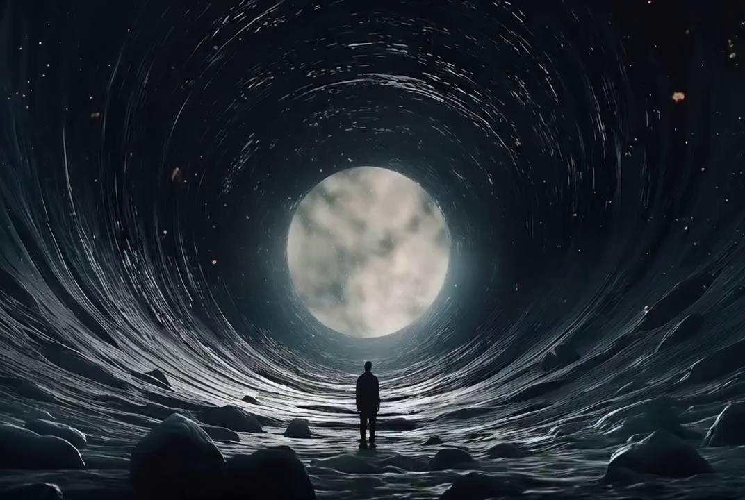 Prompt: The water tunnel swirling, Slowly zoom in toward the figure from behind, the camera moves closer to the glowing orb ahead. Use a surreal, sci-fi fantasy style with cinematic lighting and moody contrast.
