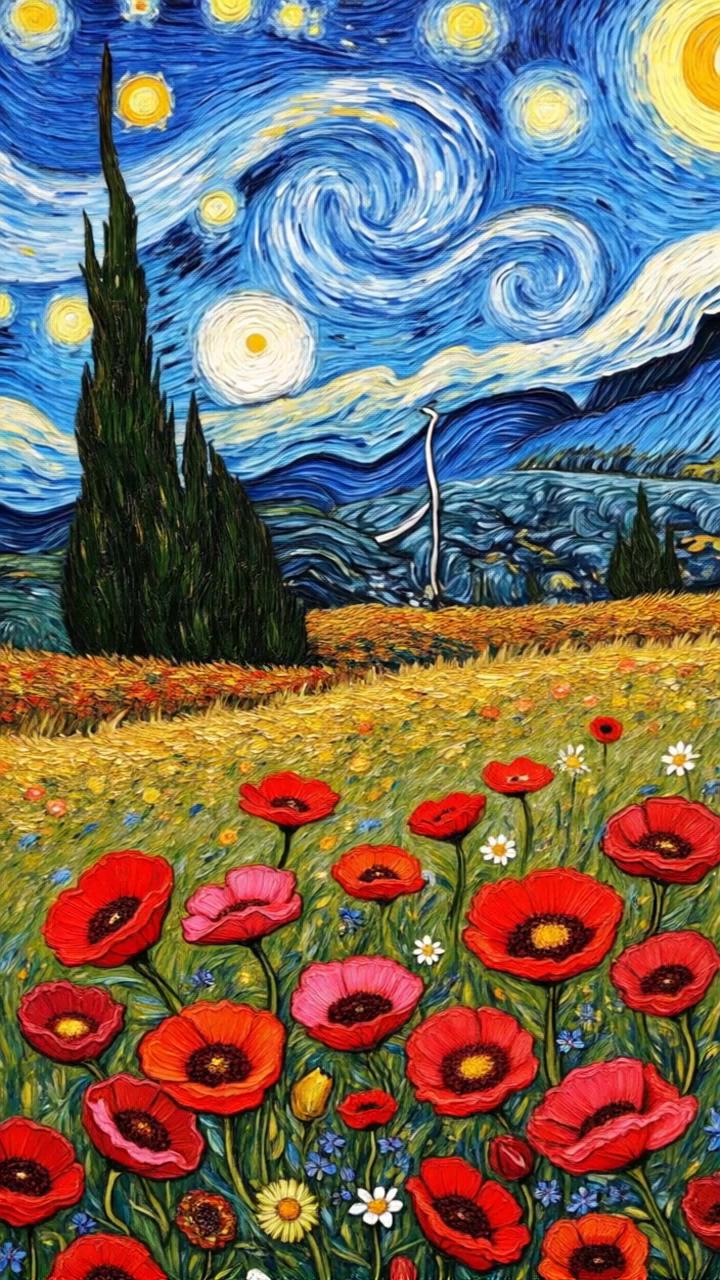 Prompt: The red poppies, white daisies, and colorful wildflowers gently swaying in the breeze. The flowers in the foreground, full of motion.
In the background, animate a swirling starry night sky inspired by Starry Night, with dynamic, curling clouds, twinkling stars, and a glowing, slowly pulsing moon. A tall cypress tree sways subtly in the breeze, and a windmill in the distance rotates slowly, adding depth to the scene.
