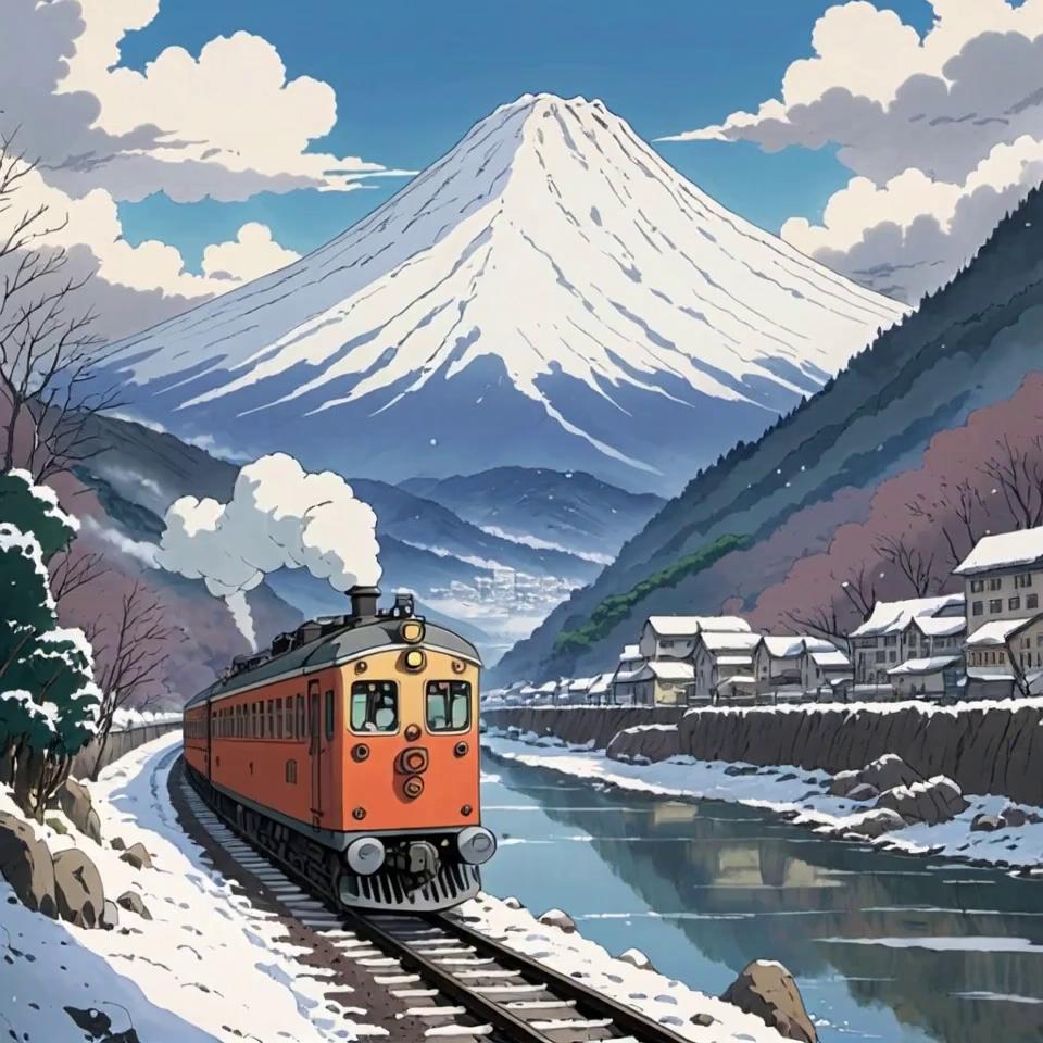 Prompt: A tranquil 2D animation in Studio Ghibli style. The train moves slowly toward the viewer along a snowy riverbank. Soft white steam billows gently from the engine, blending into the cold air and drifting upward into a pale, overcast sky. Snow-covered mountains rise in the background, and evergreen trees line the reflective river, their branches dusted in frost. Snowflakes fall quietly, and the train’s rhythmic clatter adds a sense of calm motion. The atmosphere is peaceful, nostalgic, and full of quiet wonder—animated with warm, hand-drawn textures and signature Ghibli softness.
