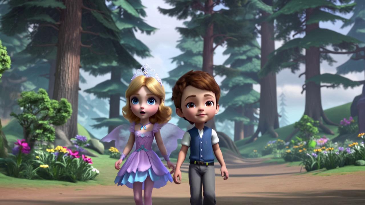 Prompt: I Need a 3D Animation Video of a Fairy Princess and a a Little Boy Lost in The Forest in Style Pixar #1