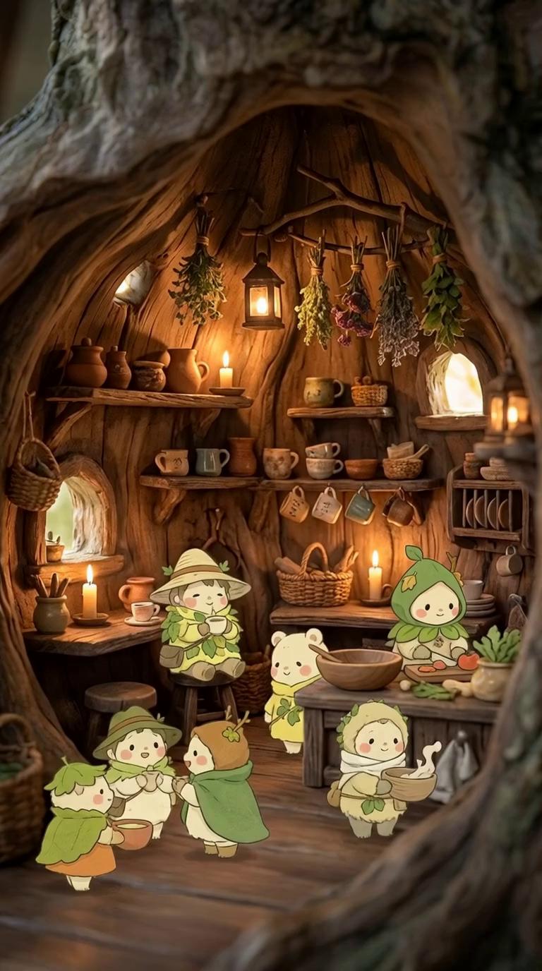 Prompt: Use the uploaded image as the base frame.
Create a 10-second, loopable animation inside a cozy forest kitchen carved into a tree.
The realistic photographic kitchen remains still — wood grain, shelves, lanterns, candles, and hanging herbs stay natural and photo-real.
The 2D forest people gently move at the same time, each doing small everyday actions.
Some characters slowly stir a bowl, some lift a cup to sip, others take a small step, blink, or tilt their head while chatting quietly.
A few characters briefly acknowledge each other with a tiny nod or pause, then continue their tasks.
All motion is soft, slow, and parallel, like a peaceful moment observed in passing.
No main character, no dramatic action, no camera movement.
Mood is warm, cozy, domestic, and whimsical — a calm slice-of-life moment inspired by Studio Ghibli.