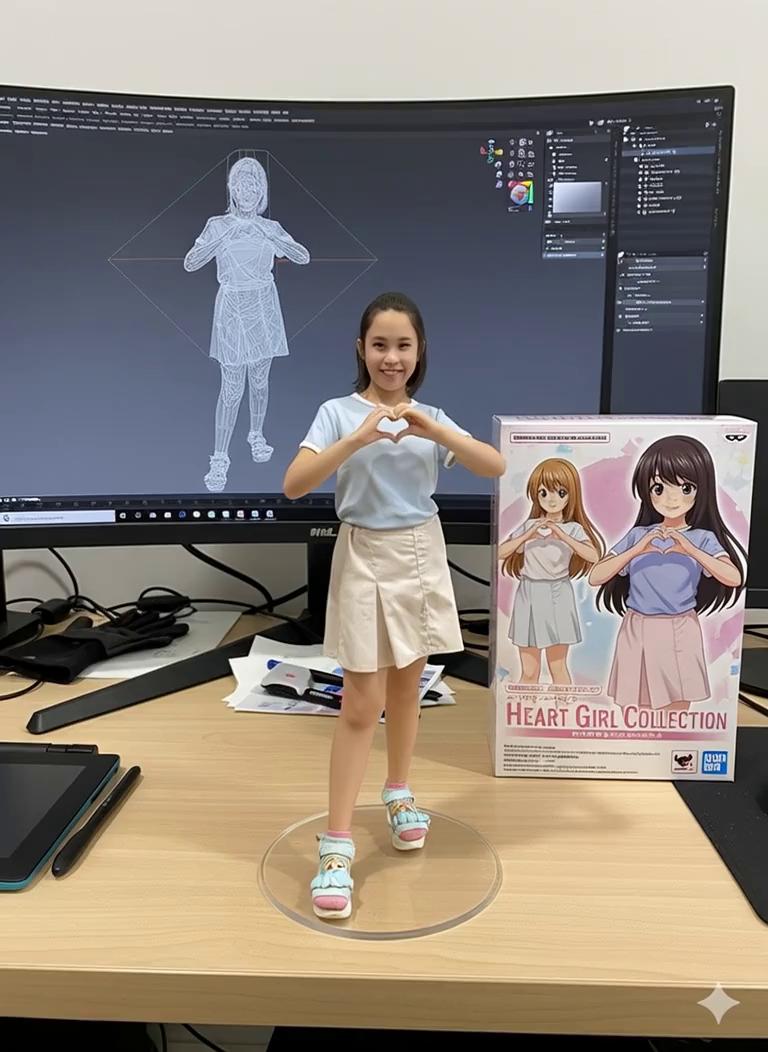 Prompt: Two hands gently pick up the figure in the frame and rotate it slightly for inspection.
The model on the computer screen and the model printed on the packaging box remain stationary, while all other background elements stay unchanged