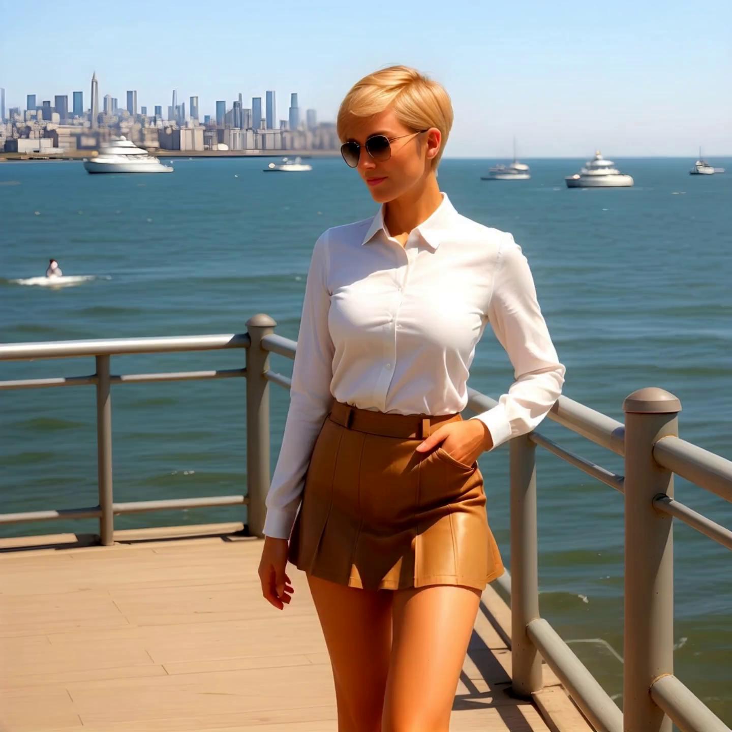 Prompt: The woman in the scene casually walks along the boardwalk rail, watching the birds and the bay as the breeze tugs at her hair and skirt