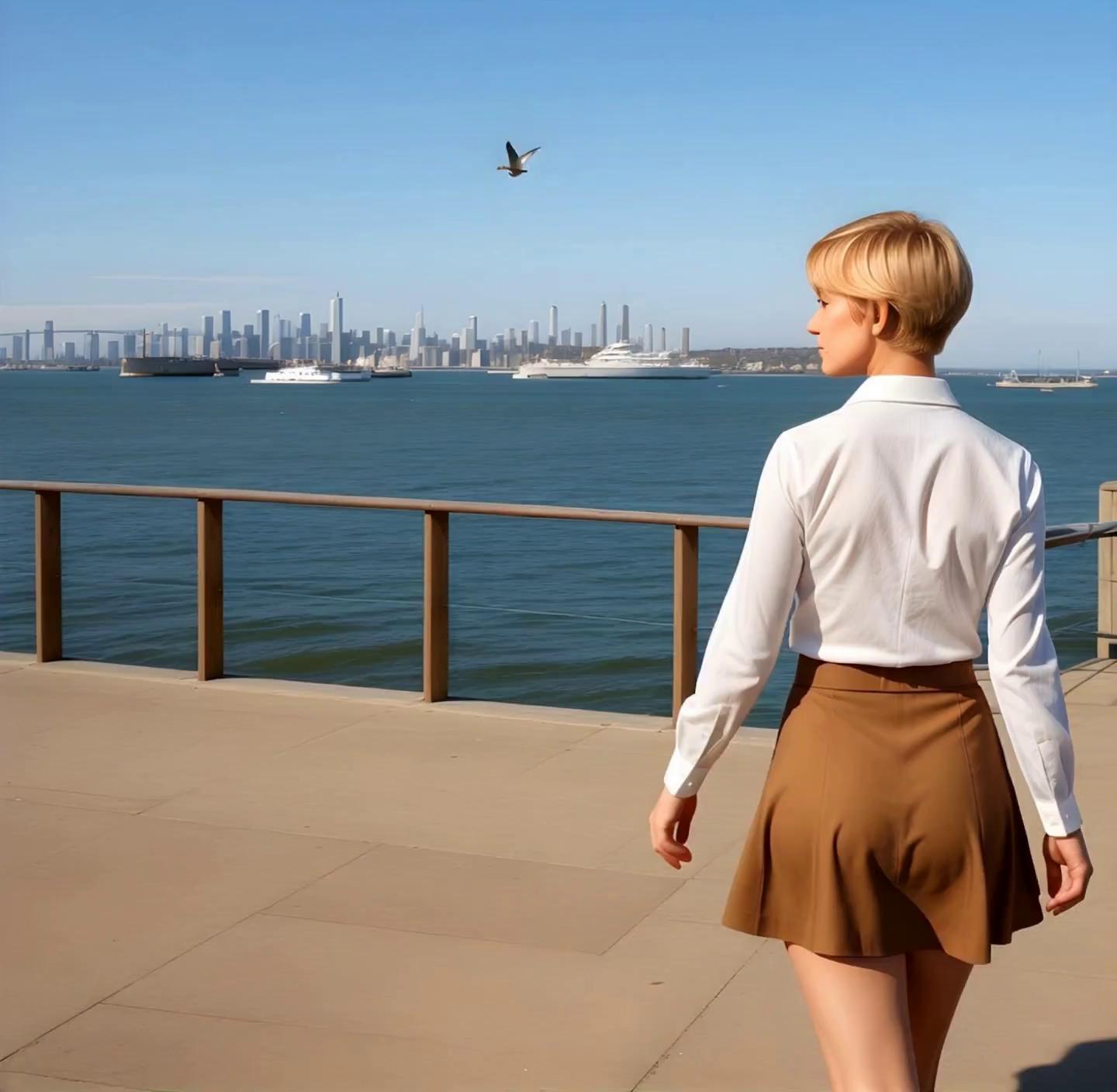 Prompt: The woman in the scene walks casually along the boardwalk as the breeze tugs at her hair and skirt