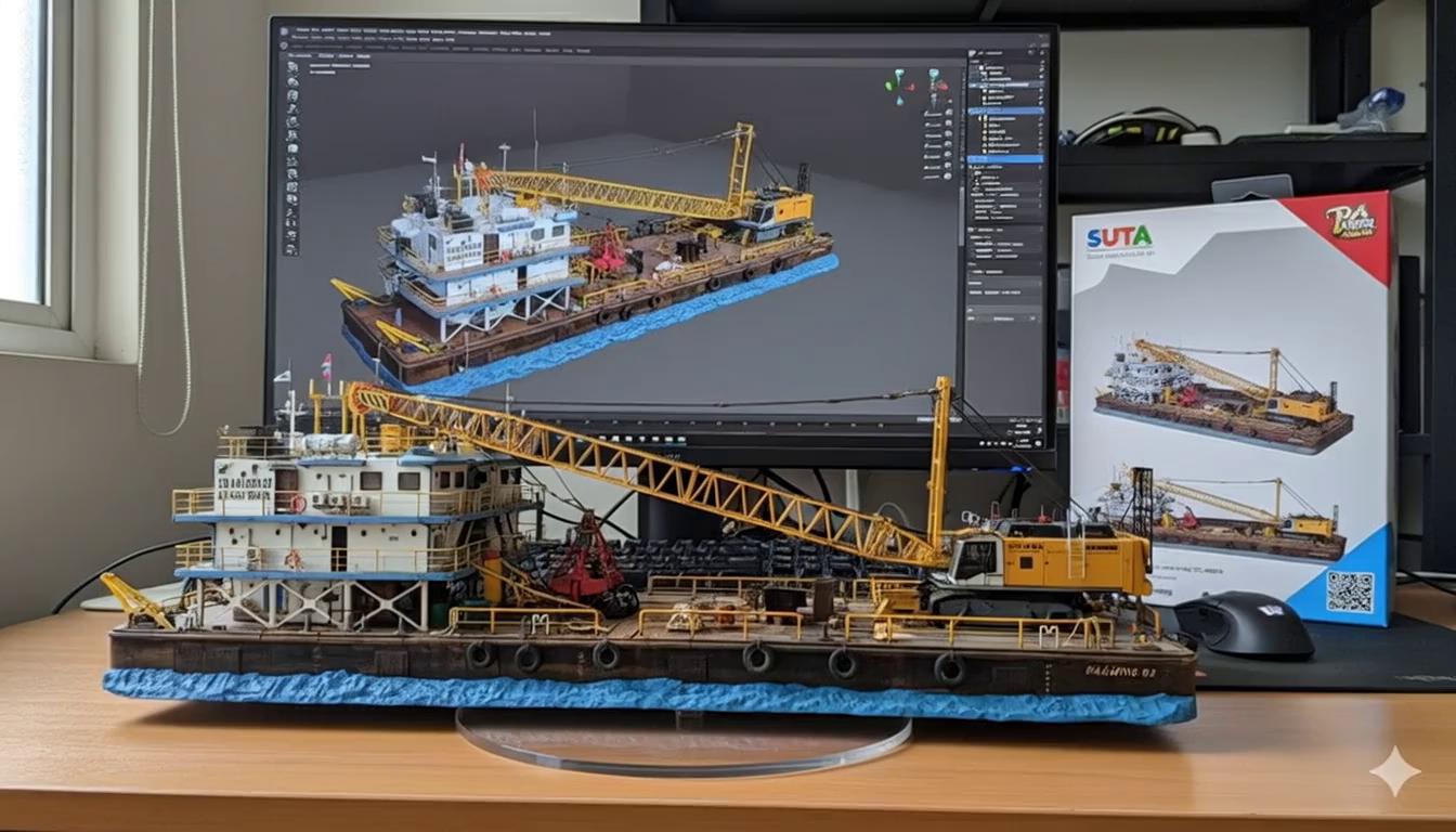 Prompt: Two hands gently pick up the figure in the frame and rotate it slightly for inspection. The model on the computer screen and the model printed on the packaging box remain stationary, while all other background elements stay unchanged.