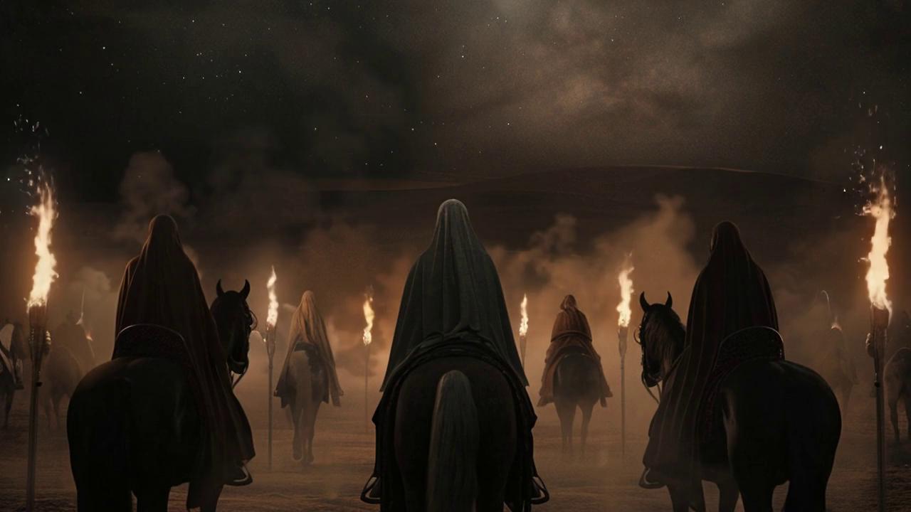 Prompt: slow cinematic dolly-in through blazing mashrabiya-shaped fire arches at night; center queen on a white Arabian horse rides forward in calm confidence, deep-black abaya flowing; six black horses with red-and-white abaya-clad riders flank her symmetrically; flames flicker and roar, sending sparks skyward; glowing embers drift past the camera; subtle dust kicks from horse hooves; star-filled desert sky above; photoreal textures, dramatic rim-lighting, 35 mm lens look
