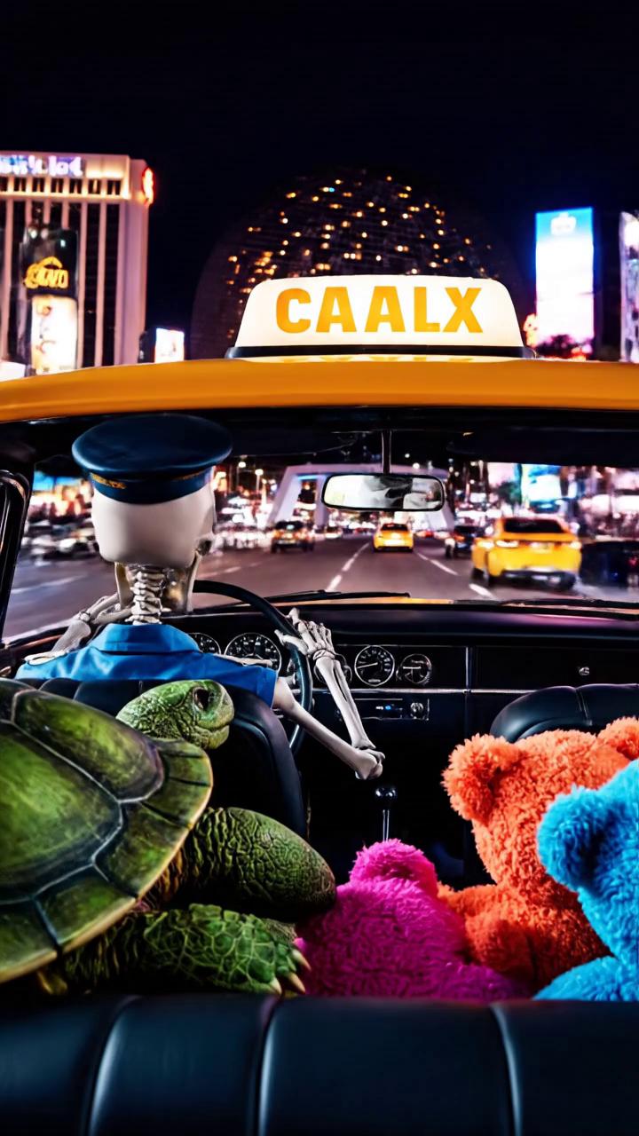 Prompt: A skeleton working as a cab driver on the Strip in Las Vegas, driving green turtles and multi colored fuzzy teddy bears to the Sphere which has skeletons dancing on the exterior of the giant Sphere