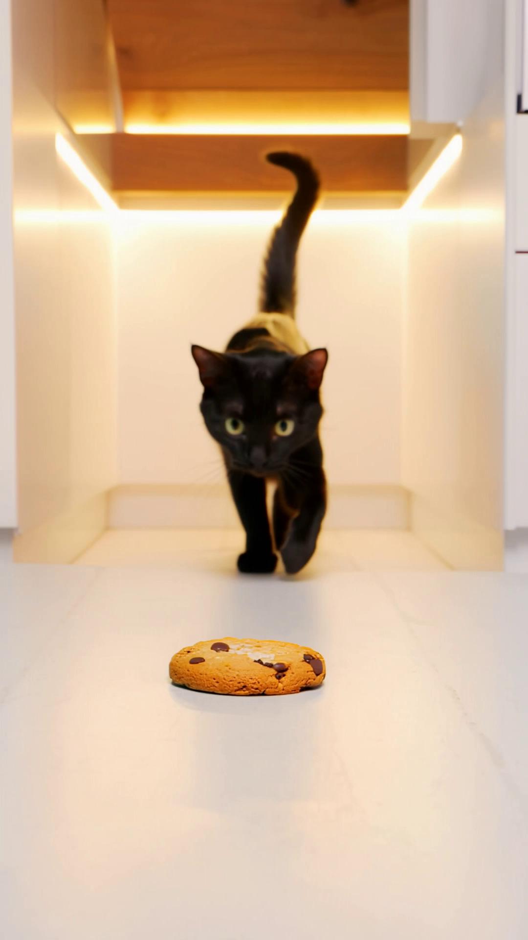 Prompt: A funny, high-energy vertical TikTok-style video designed to go viral. A mischievous black cat sneaks into a brightly lit kitchen at night and carefully reaches for a cookie sitting on a table. The cat looks around suspiciously, stretching one paw slowly toward the cookie with exaggerated stealth.

Suddenly, a tiny baby police officer (a toddler dressed in an oversized police uniform) appears in the background, dramatically gasps, and locks eyes with the cat. Loud cartoon alert sound. The baby points and yells.

The baby police officer runs forward and clumsily jumps onto the cat in an over-the-top, playful way, “arresting” it. Toy handcuffs fall on the floor. The cat freezes in shock, eyes wide.

On-screen text pops up: “COOKIE THEFT STOPPED.”

The video ends with the baby sitting proudly next to the cookie while the cat looks defeated. Funny sound effects, exaggerated reactions, bright lighting, clean visuals, no violence, playful tone, vertical 9:16, designed for TikTok virality and looping.