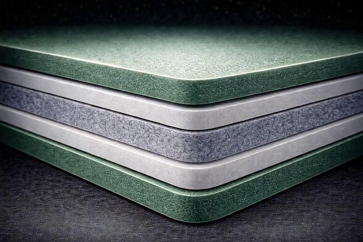 Prompt: The camera slowly pushes in as the layers are sliced cleanly in the middle to expose the inner material.
