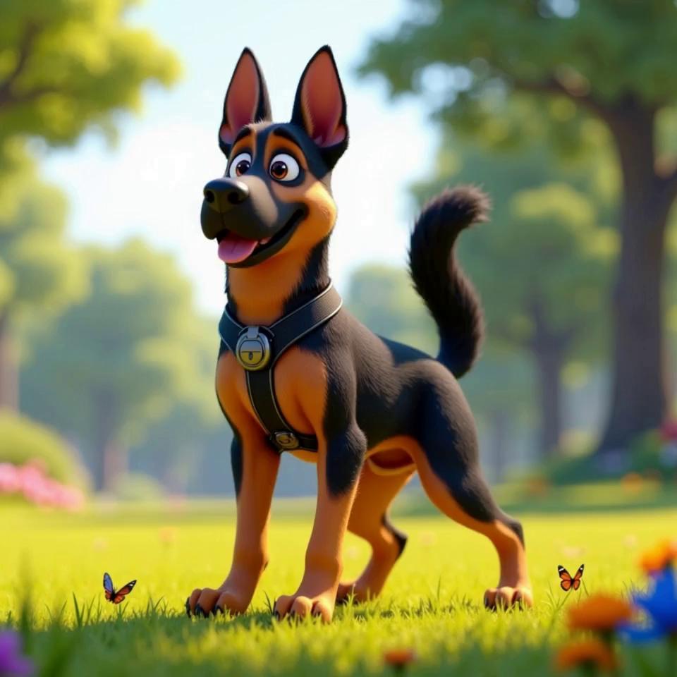 Prompt: 🟨 Shot 1
💬 Narration:
"Max, once a fearless K9 officer, now watches over his family from home — still alert, still proud."
📝 Shot Description:
Wide shot of Max sitting on the front porch of a cozy suburban house, eyes sharp, surveying the yard like a guardian.
🖼 Text-to-Image Prompt:
A proud medium-sized German Shepherd with a sleek tan, brown, and black coat sits tall on the porch of a warm, sunlit suburban home. His ears are upright, and his alert gaze scans the quiet street. The porch is decorated with a few potted plants, a rocking chair, and a welcome mat. The scene is in Pixar-style 3D, with realistic fur textures and detailed suburban background.
🎬 Image-to-Video Prompt:
The German Shepherd's ears twitch slightly at the distant sound of children playing. His head turns slowly from left to right, surveying the area. A gentle breeze stirs the potted plants and the welcome mat flutters slightly.