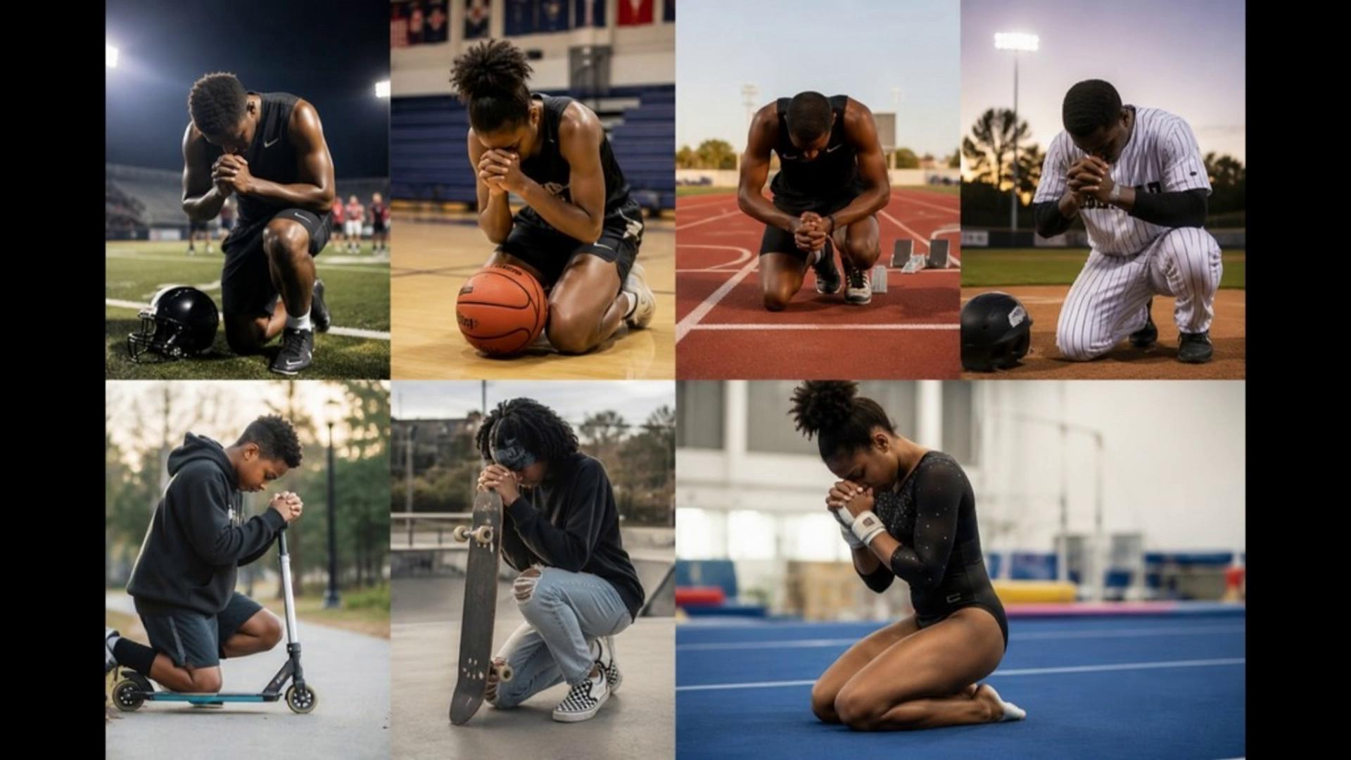 Prompt: the athletics upload of the images are praying and  and fellifting the hands up r the image of vocalist is sing.