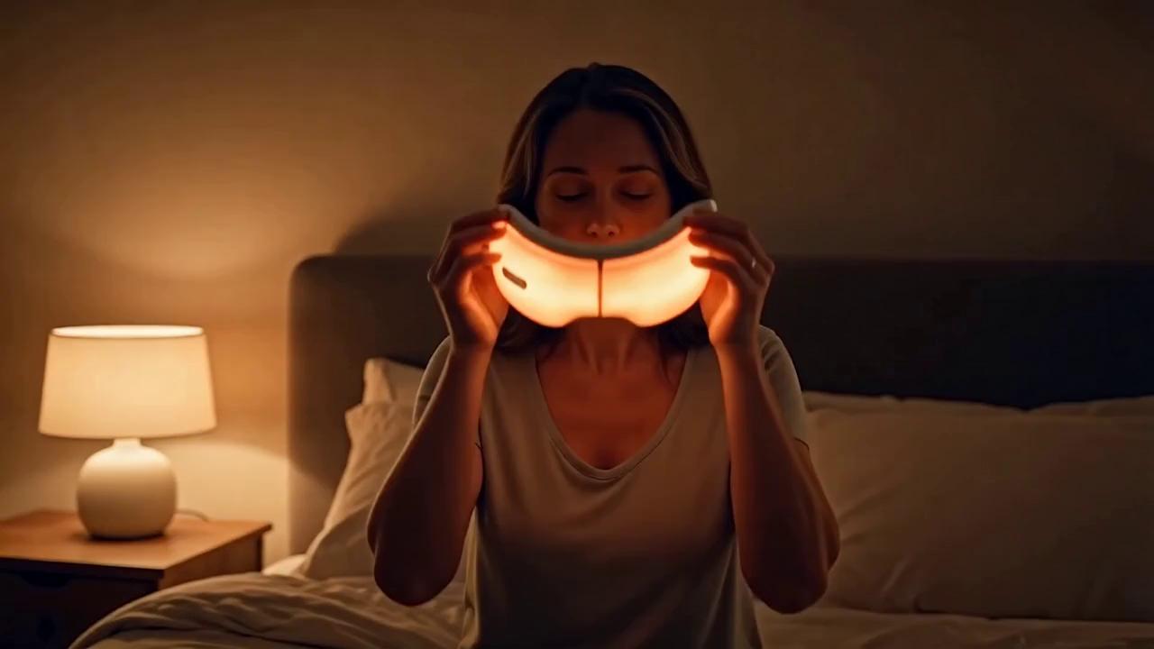 Prompt: Vertical 9:16 cinematic video, 8 seconds long.

Warm, dim evening lighting in a quiet bedroom.
Calm, supportive, trustworthy mood.
Slow, steady camera movement. No fast cuts.

A woman in her 40s sits on the bed and gently places a heated eye massager over her eyes.
Her shoulders visibly relax and her breathing slows.

Soft ambient room sound only. No music, no talking.

On-screen text appears slowly and gently:
“After forty, rest feels different”
Then fades to:
“Support, not force.”

Ultra-realistic, natural skin tones, cozy atmosphere.
No hype, no influencer style, no bright lighting, no smiling at camera.
