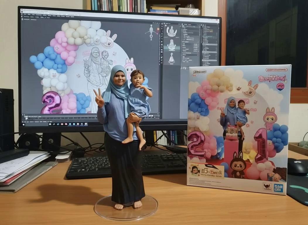 Prompt: Nure two hand gently pick up the figure on the frame and rotate it slightly for inpection.the model in the packaging box remain stationary,while all other background elements stay unchanged..
