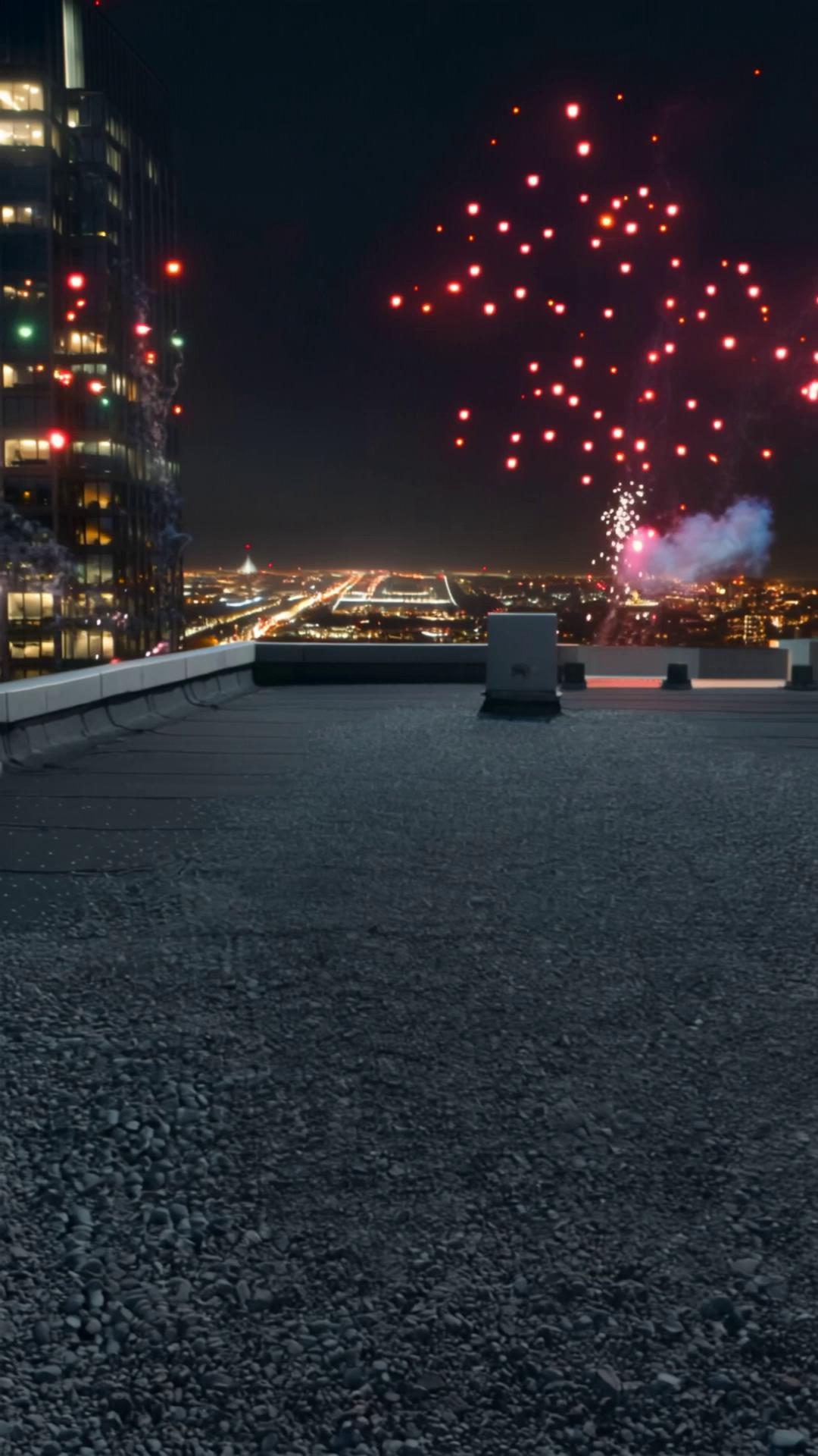 Prompt: A realistic cinematic parkour sequence on New Year’s Eve night.
A young athletic woman in a simple dark hoodie, jogger pants, and running shoes moves across real skyscraper rooftops.
No stylized effects, no game look — pure live-action realism.

Camera & Action Flow (15s):

0–3s
Wide rooftop shot. City alive below.
Fireworks appear naturally in the sky.
Camera slow handheld push-in as she inhales and starts running.

3–7s
She sprints and jumps a realistic rooftop gap.
Camera stays grounded, side-tracking pan, slight shake from real footsteps.

7–11s
Hard landing, knees bend, breath audible.
She vaults a low concrete barrier.
Camera follows from behind shoulder, close but imperfect.

11–15s
She slows near the edge, looks up.
Fireworks reflect on nearby windows.
Camera gentle push-in, quiet New Year moment.

Natural gravity, real momentum, film-like motion blur, cinematic night lighting, authentic city ambience.