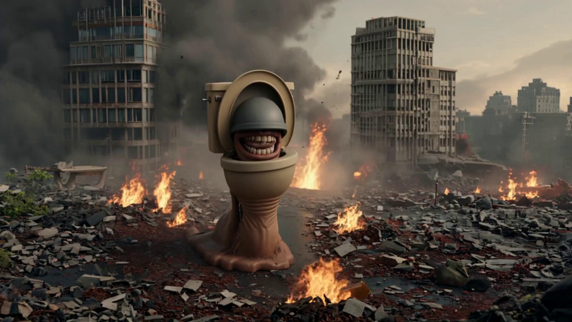 Prompt: The toilet monster is destroying the city