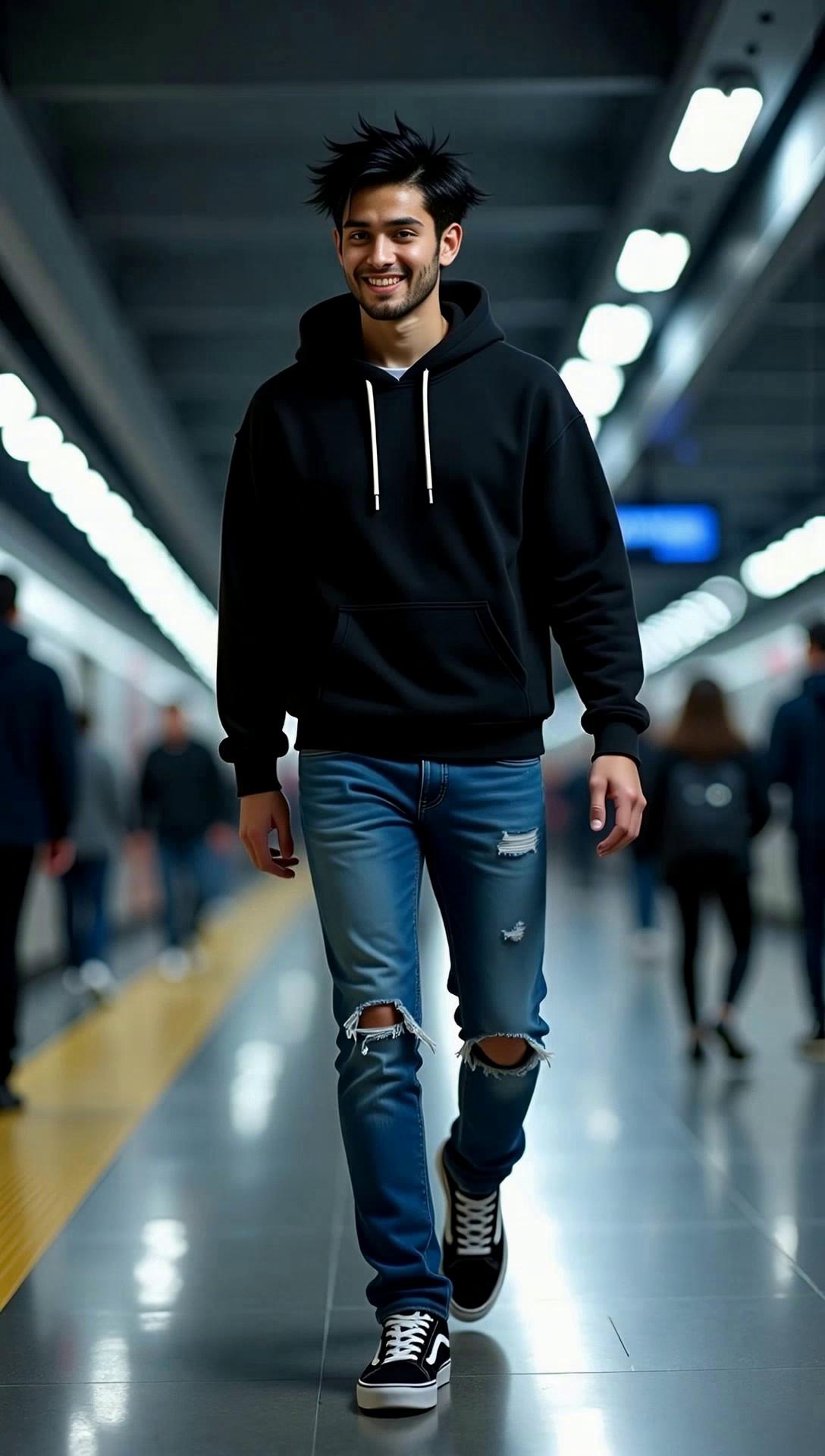 Prompt: Cinematic, ultra-realistisches Video in einer belebten U-Bahn-Station. Kema, ein junger Mann im schwarzen Hoodie, zerrissenen Jeans und Vans, geht voller Freude und Energie durch die Menschenmenge. Die Kamera folgt ihm in einer leichten Low-Angle-Perspektive auf Augenhöhe, mit einem sanften Gimbal-Dolly-Back, 9:16, 24 fps. Kema bewegt sich dynamisch, gund strahlt Freiheit und Lebensfreude aus. Während er weiter geht, verschwindet er allmählich in der Menschen Menge, bis er komplett nicht mehr sichtbar ist. Die Umgebung zeigt realistische Details: reflektierende Oberflächen, kühle Deckenbeleuchtung, natürliche Hauttöne, leicht unscharfe Passanten im Hintergrund mit klarer Tiefenstaffelung. Keine Lichtstreifen oder störende Effekte. Die Stimmung ist urban, lebendig und inspirierend.