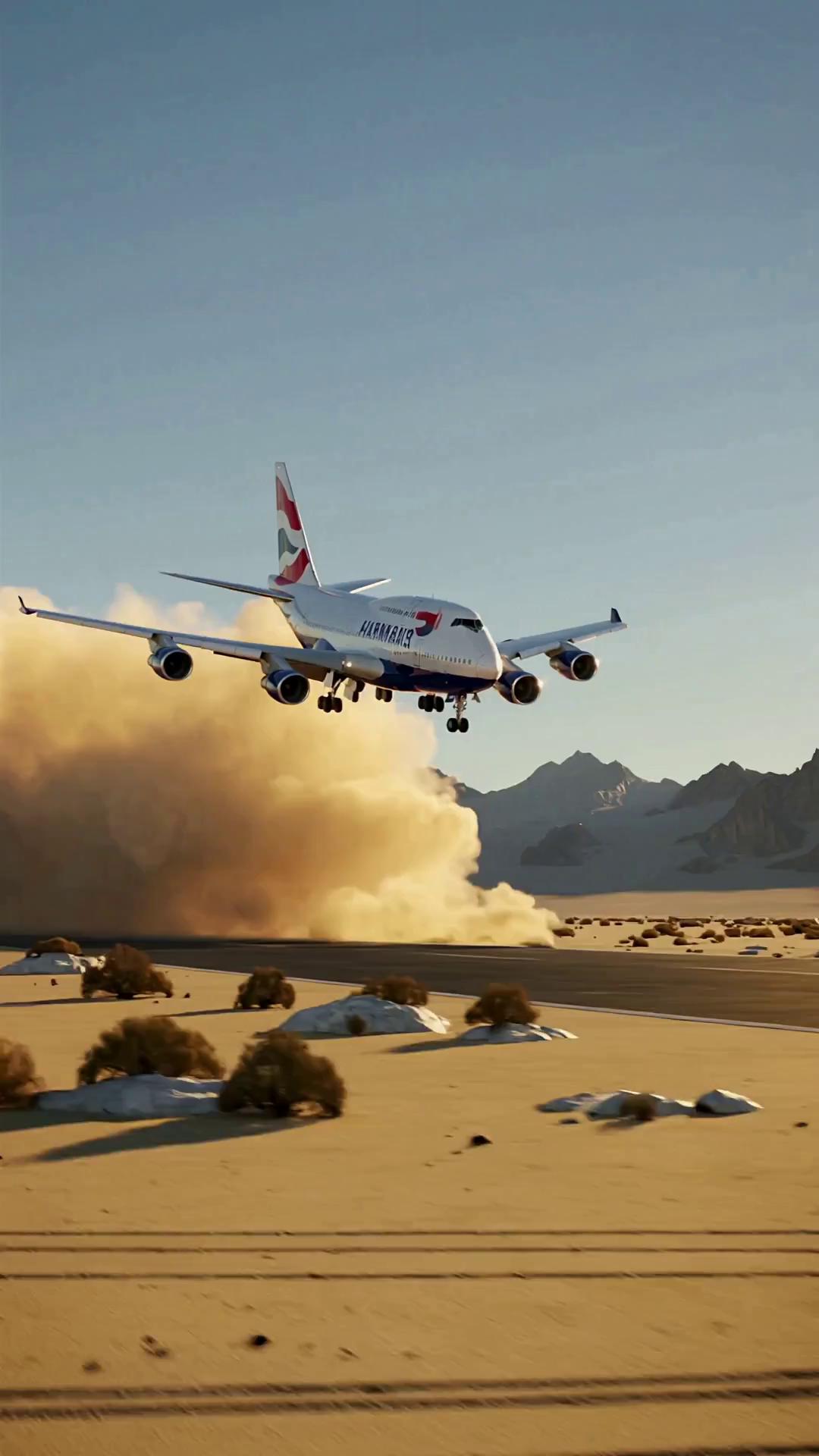 Prompt: A majestic British Airways Boeing 747-400 performs a dramatic touch-and-go on a remote sandy desert runway at golden hour. The massive jet touches down briefly, kicking up huge clouds of golden sand and dust that swirl in the wind. The four engines roar as the plane immediately powers up, lifts off smoothly, and climbs into the clear blue sky. The tail livery is clearly visible with the red, white, and blue Speedmarque design. Low-angle cinematic shot, hyper-realistic, 4K, dynamic camera tracking the aircraft, dust particles catching sunlight, epic aviation scene, highly detailed, photorealistic.