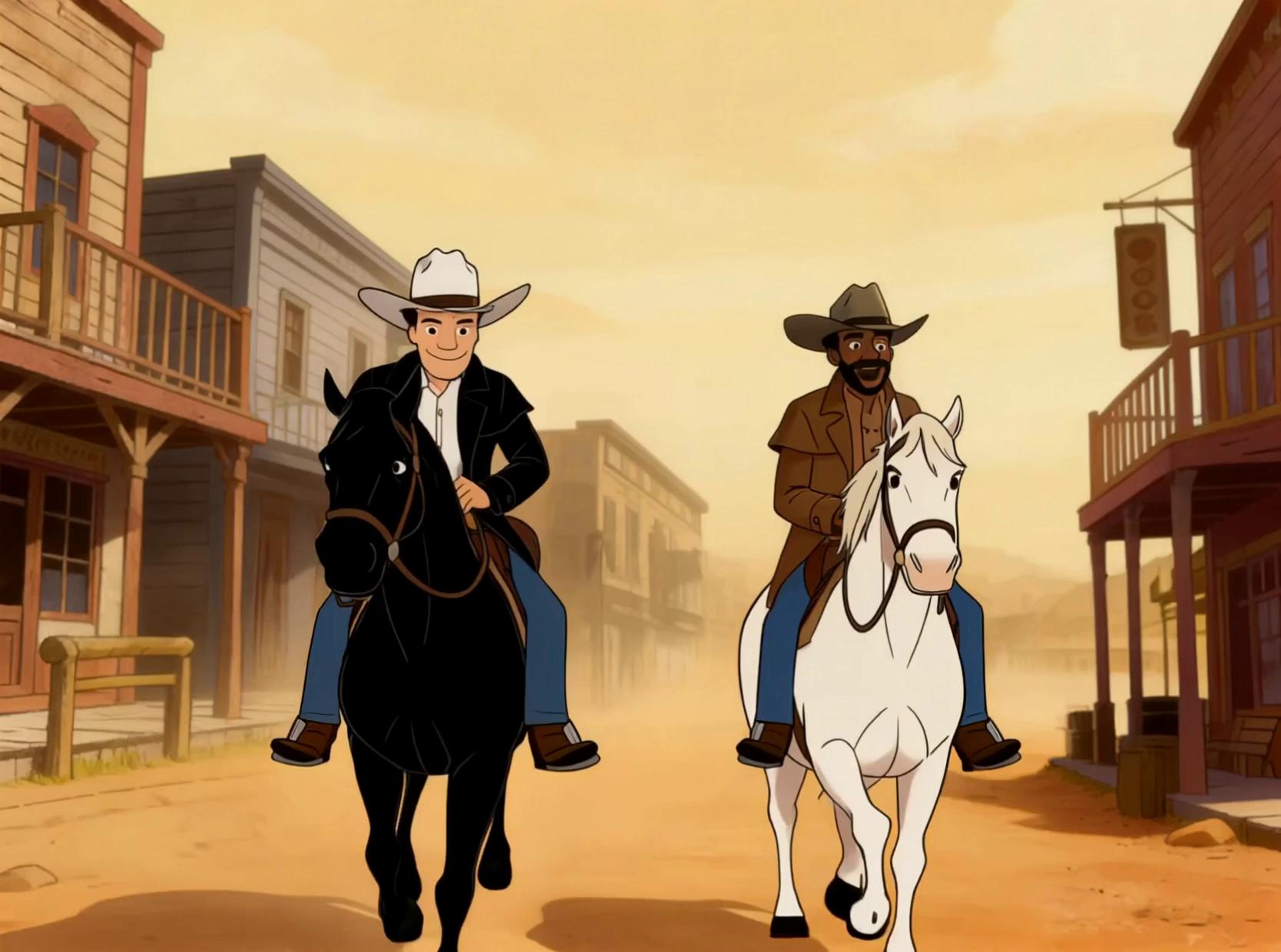 Prompt: horses stop  black cowboy and white cowboy get off  horse and walk foot steps sound