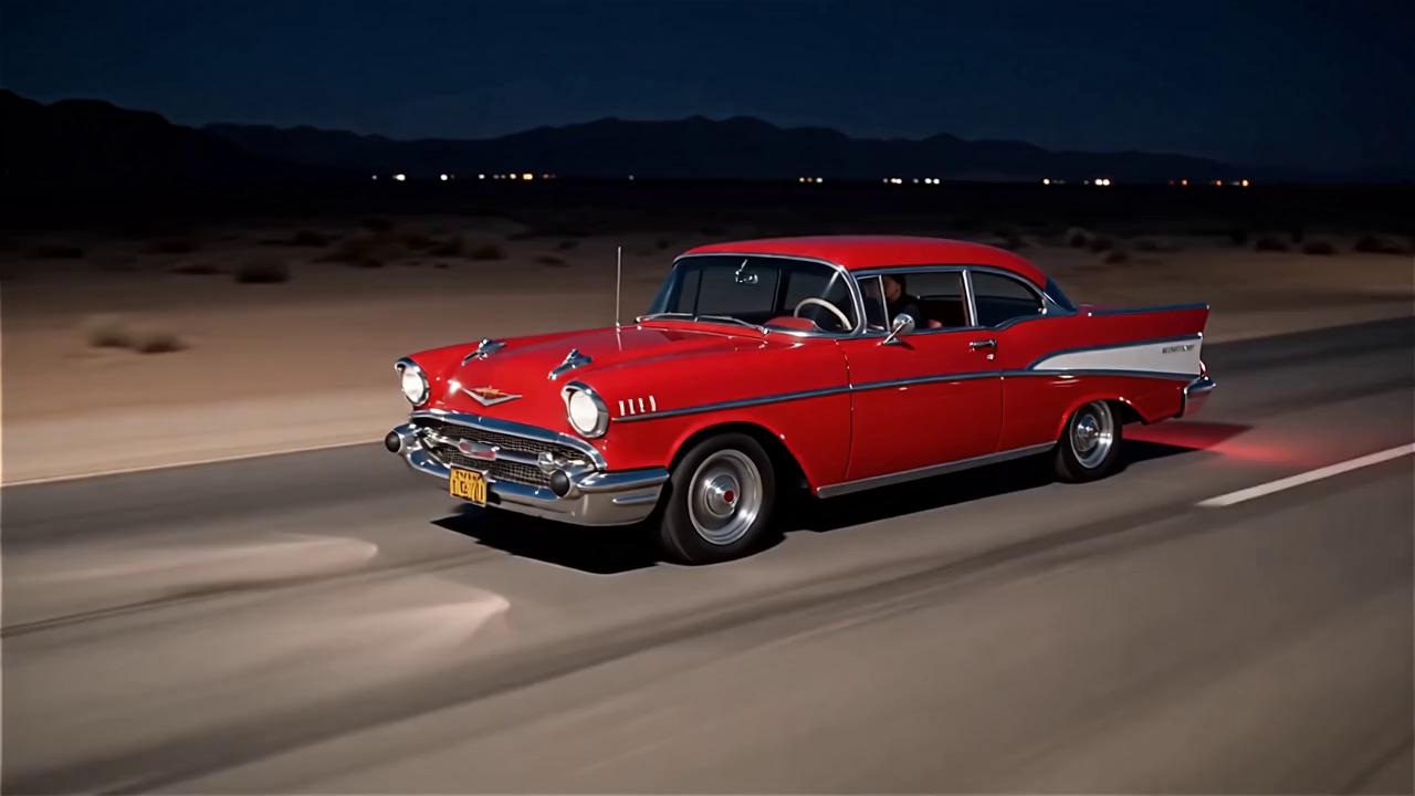 Prompt: CREATE A VIDEO OF A RED 1957 CHEVY BEL AIR DRIVING THROUGH THE DESERT, AT NIGHT, FROM THE FRONT AND SIDE,  AS IN A DRONE VIDEO