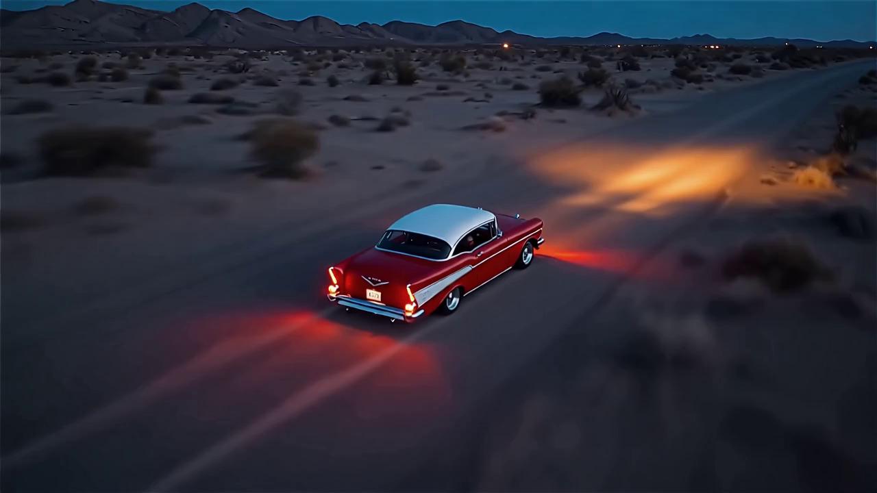 Prompt: CREATE A VIDEO OF A RED 1957 CHEVY BEL AIR DRIVING THROUGH THE DESERT, AT NIGHT, FROM ABOVE, AS IN A DRONE VIDEO