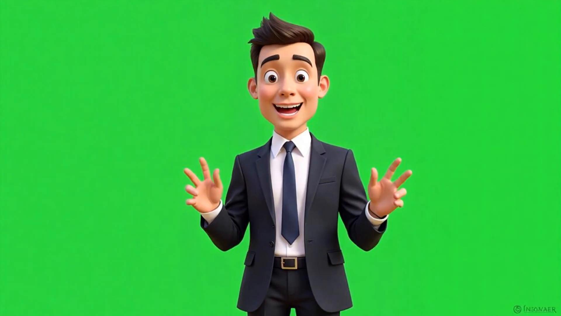 Prompt: cartoon business man for an explainer video talking and moving hands in a loop, with a green screen background