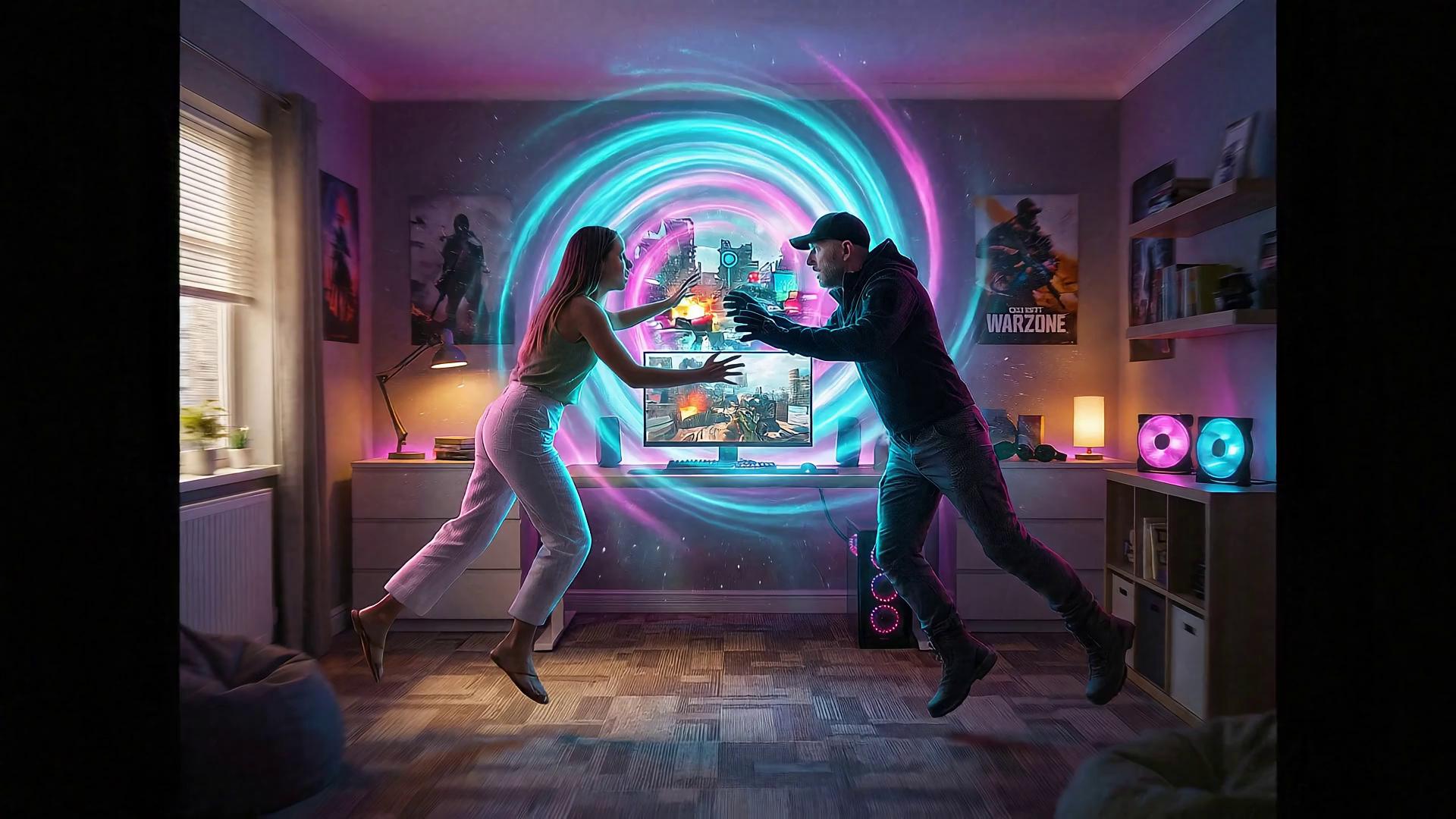 Prompt: The camera spins slightly as the portal opens, pulling a married couple forward while the computer screen expands into a swirling vortex that transitions into a game map as they tumble through.