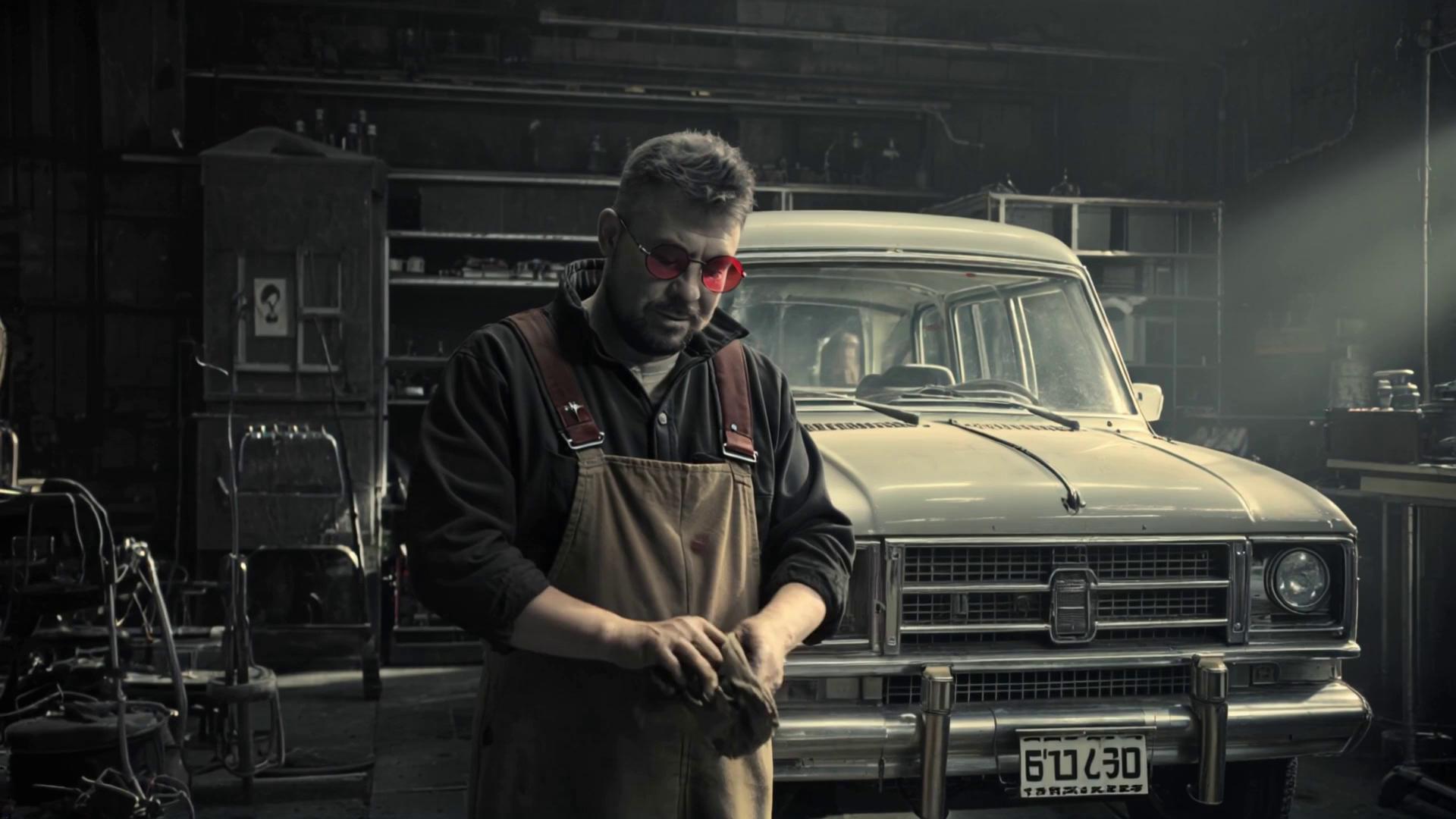 Prompt: Generate a nostalgic black-and-white video in the visual style of a quiet 1980s Czechoslovak film. The scene takes place in a modest old mechanic’s workshop, filled with the texture of oil, tools, and time. In the center stands my late grandfather – a kind-faced man in worn overalls – who has just finished repairing a vintage Škoda Octavia Combi from the 1960s, parked gently behind him.

He wipes his greasy hands on a rag with unhurried movements, then turns fully to the camera. His eyes carry warmth and wisdom. He raises one hand and waves with a subtle, affectionate smile. Light pours in through a dusty window behind him, backlighting his silvering hair and creating a soft, poetic interplay of light and shadow.

The camera slowly pans from left to right, maintaining a steady gaze on him. The space feels suspended in time – serene, grounded, and filled with love. There is no dialogue, only the silent language of memory and presence. Let the tone be quiet, heartfelt, and cinematic – as if we were visiting a dream we never want to leave.

