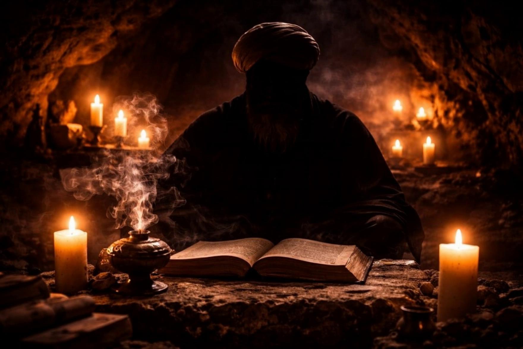 Prompt: Dark cinematic cave scene no camera movement no zoomOld Muslim man sitting still head slightly down face hidden in shadowOnly lips moving slightly as if speaking softlyVery subtle beard movement with the lipsNo head movement no hand movement no body movementCandle flames gently flickeringSoft bakhoor smoke slowly driftingWarm low light atmosphereSmooth seamless loop