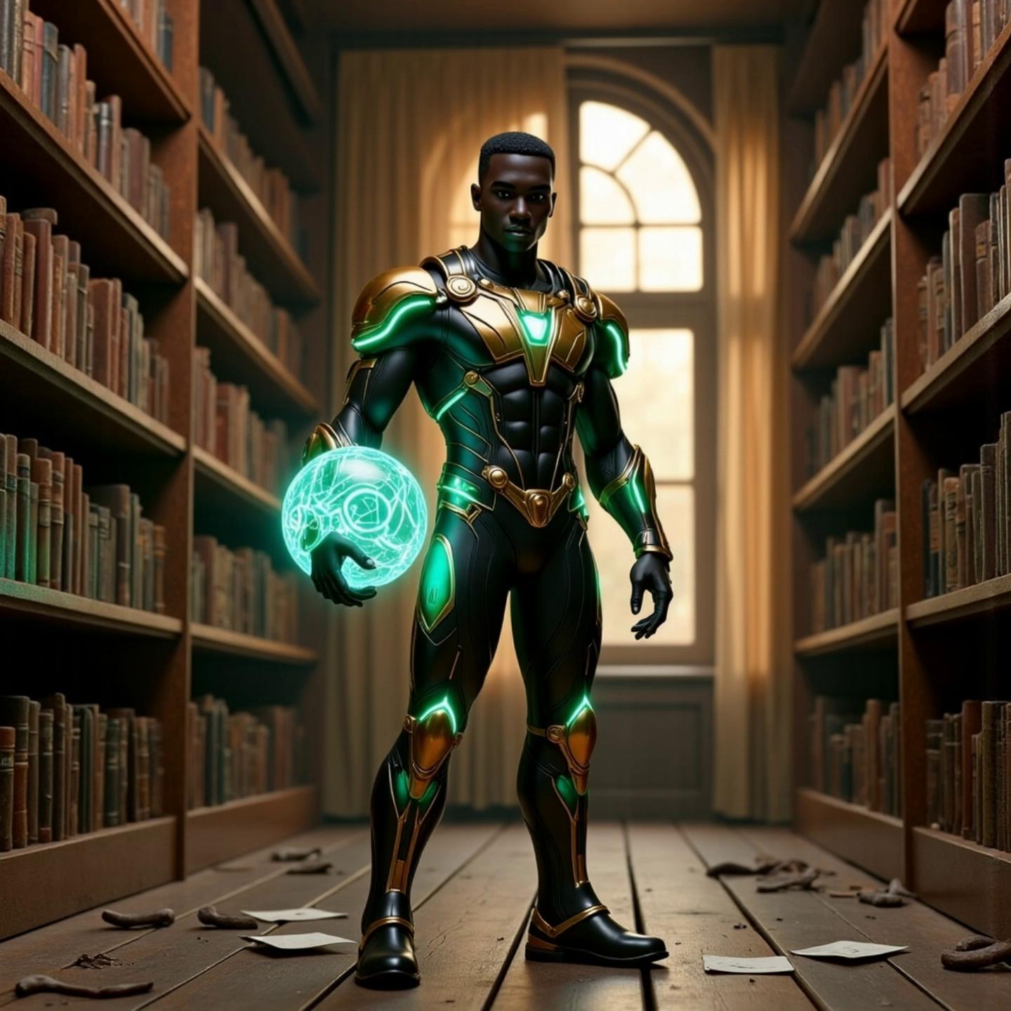 Prompt: ⚡ The Quantum Store (based on the first image)

Role: Cosmic mentor / keeper of the Bass Orb
Visual Concept:

Tall, powerful cosmic figure wearing black and gold armor.

Green glow traces along his arms, symbolizing energy conduits.

The Bass Orb floats near his hand — a pulsing sphere of light that vibrates like sound waves.

Background: swirling galaxies and a faint grid of constellations — representing infinite knowledge.

Symbol: a golden sigil resembling overlapping sound waves. WALKING WITH GREEN NEON ORB WALKING SLOW EYES GLOW GREEN AND GOLD GLOWS 