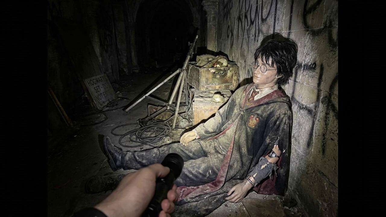 Prompt: Harry Potter sits slumped lifeless on the dusty floor of an abandoned Hogwarts corridor set, his exact movie appearance preserved as the visual reference—messy black hair, round glasses, pale skin, Gryffindor robes worn and faded, no redesign or stylization. He appears as a completely inactive animatronic prop, stiff and motionless, with torn fabric, dust buildup, stains, and exposed mechanical joints beneath ripped sleeves. The viewer holds a flashlight, casting a single circular beam across his scratched plastic-like face and cracked glasses while everything else fades into darkness. Dusty stone walls, old filming equipment, broken light stands, tangled cables on the floor, and faded Hogwarts set pieces surround him. The environment shows years of decay with mildew, grime, and debris. Captured from a low handheld cinematic angle with dramatic flashlight shadows, ultra-realistic, photorealistic, and hauntingly cinematic.