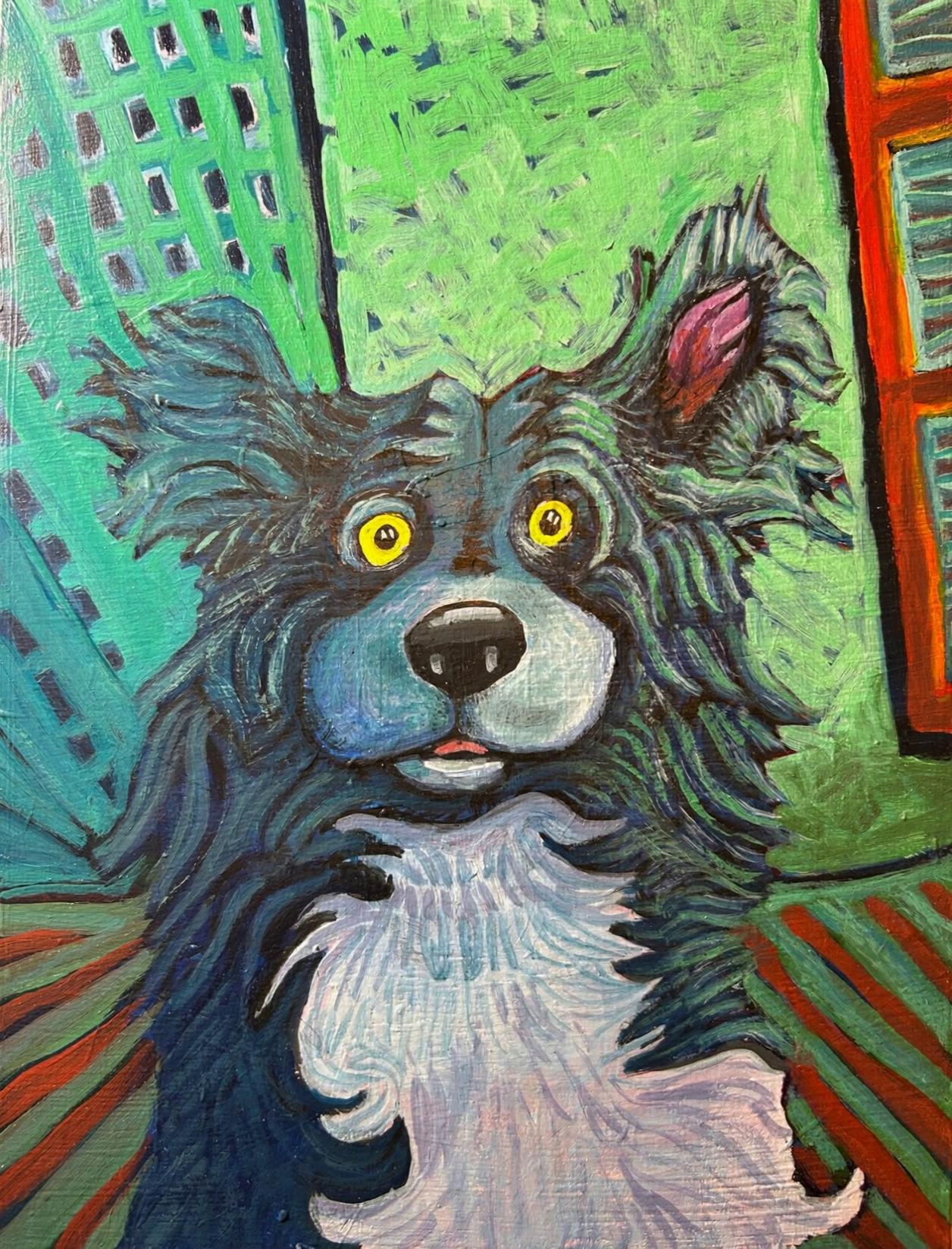 Prompt: Animate the original painted dog exactly as it appears, preserving the same dog, same face, same proportions, same fur pattern, same colors, and the original painterly brushstrokes with no redesign or reinterpretation. The painting subtly comes alive in a fine-art animated style. The dog sits facing forward and begs for a treat by lifting one paw, then gently shakes his head side to side with natural ear movement. A small dog treat is thrown from off camera, the dog tracks it with his eyes, opens his mouth, and catches the treat mid-air. Motion is smooth, minimal, and controlled, with no realism enhancement, no 3D or CGI look, no photorealistic fur, no cartoon or anime style, no distortion or anatomy changes. The camera remains mostly static, lighting stays soft and painterly, and the result looks like a living painting rather than a new or different dog.