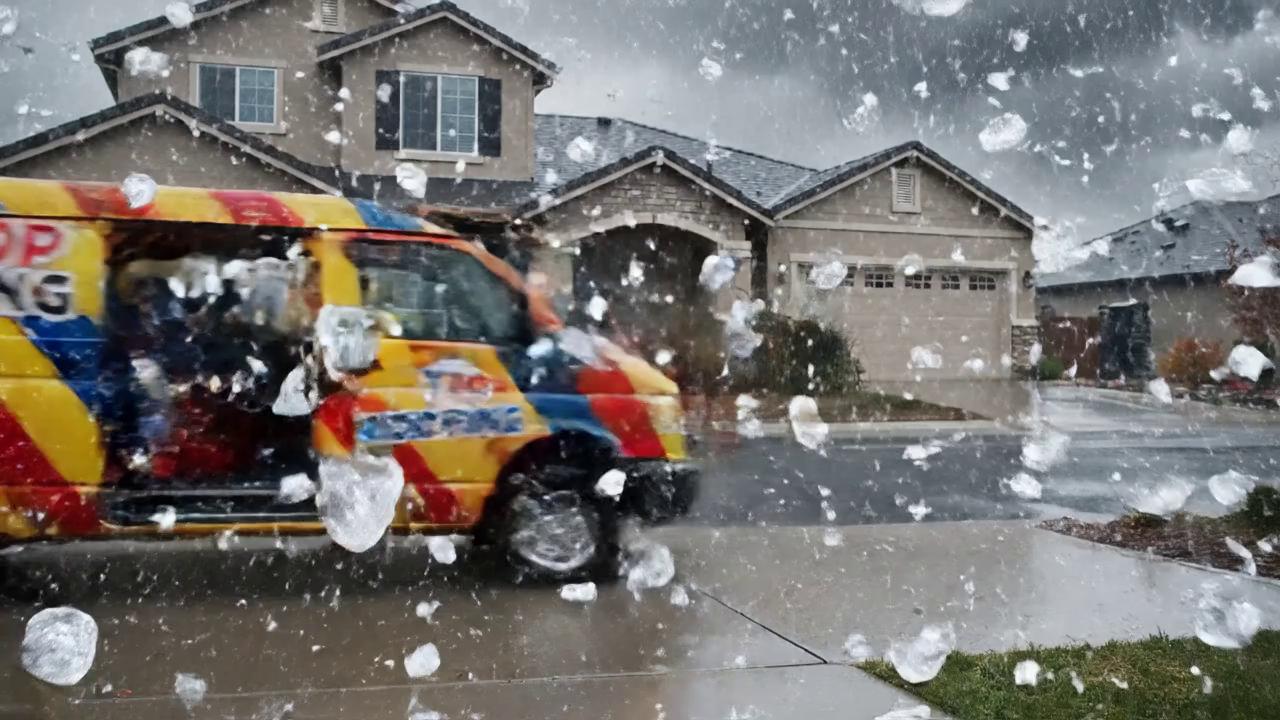 Prompt: A cinematic, realistic video scene during an active hailstorm in a quiet suburban neighborhood. A small, colorful clown-style service van pulls up and parks directly in front of a single-family home. Large hailstones are visibly falling, bouncing off the street, driveway, and roof. The side of the van clearly reads “BIG TOP ROOFING” in bold, professional lettering.

The van door opens and DODO the Clown steps out — a realistic human clown wearing a slightly weathered clown outfit, oversized shoes, and a hard hat. He grabs a professional case of roofing shingle samples from the van. The hail continues falling as he confidently walks toward the front door.

DODO approaches the house, rings the doorbell, and the homeowner opens the door (homeowner remains off-camera). Medium shot of DODO smiling professionally as hail falls behind him.

DODO says clearly:
“Hello, my name is DODO the Clown from BIG TOP ROOFING. I see you have roof damage.”

DODO gestures upward toward the roof while holding a shingle sample, serious but friendly tone. The scene feels humorous yet professional, with realistic lighting, natural motion, accurate physics for hail, and cinematic depth of field. The video ends with the hail continuing to fall and the BIG TOP ROOFING van visible in the background.