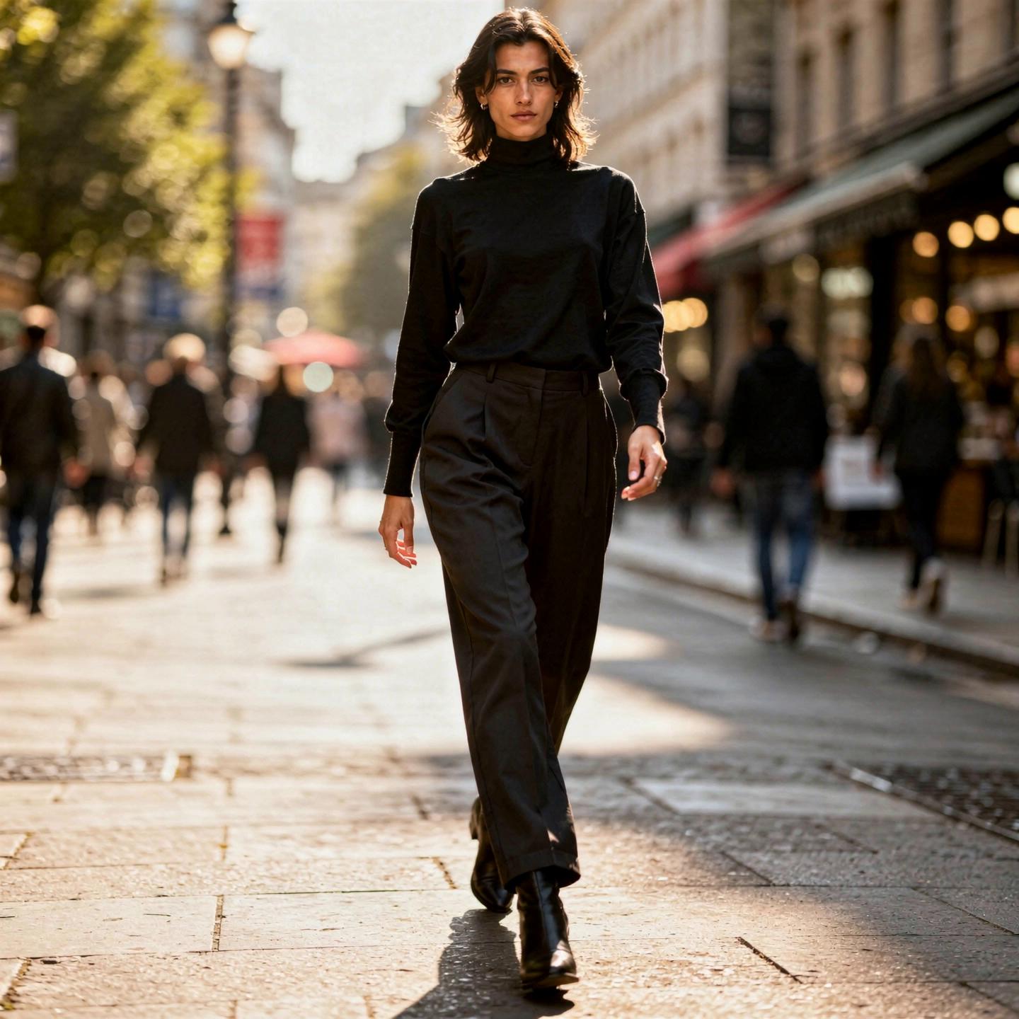 Prompt: Eve walking down the high street, detailed clothing, realistic, natural lighting