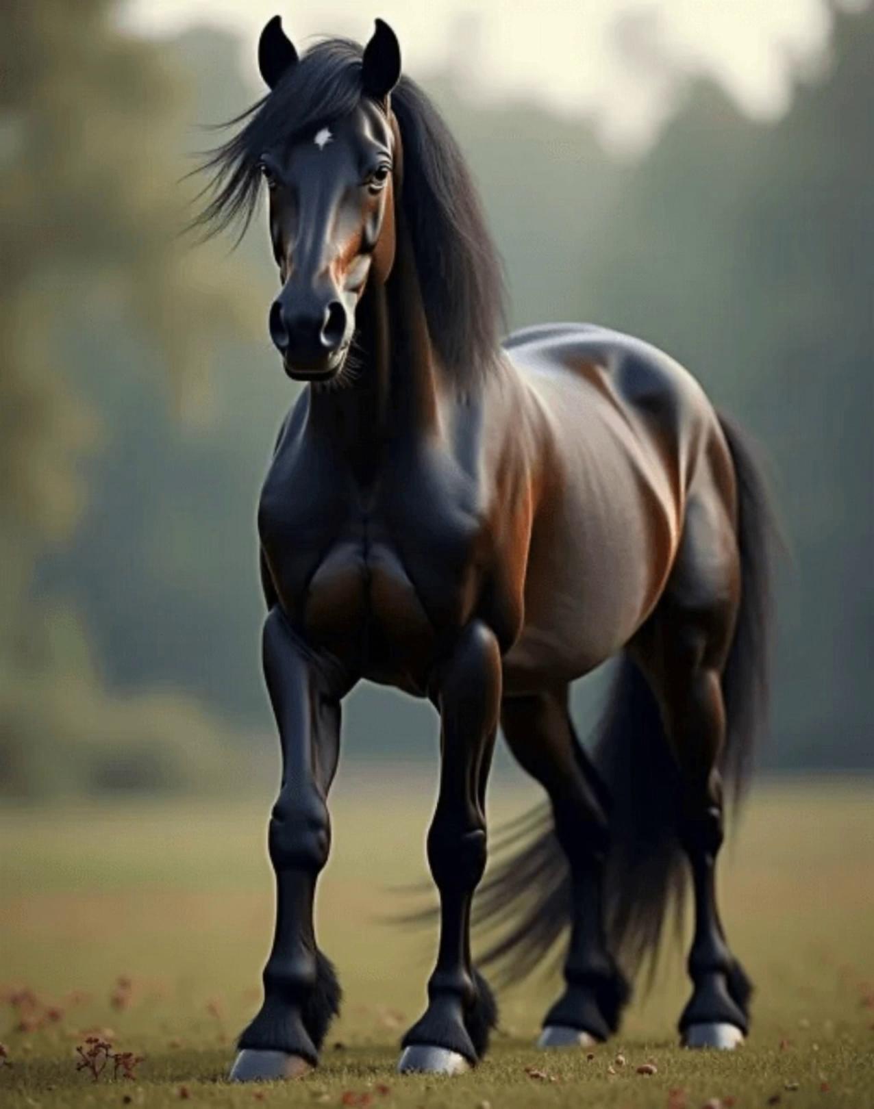 Prompt: black stallion gallops across a wood land field