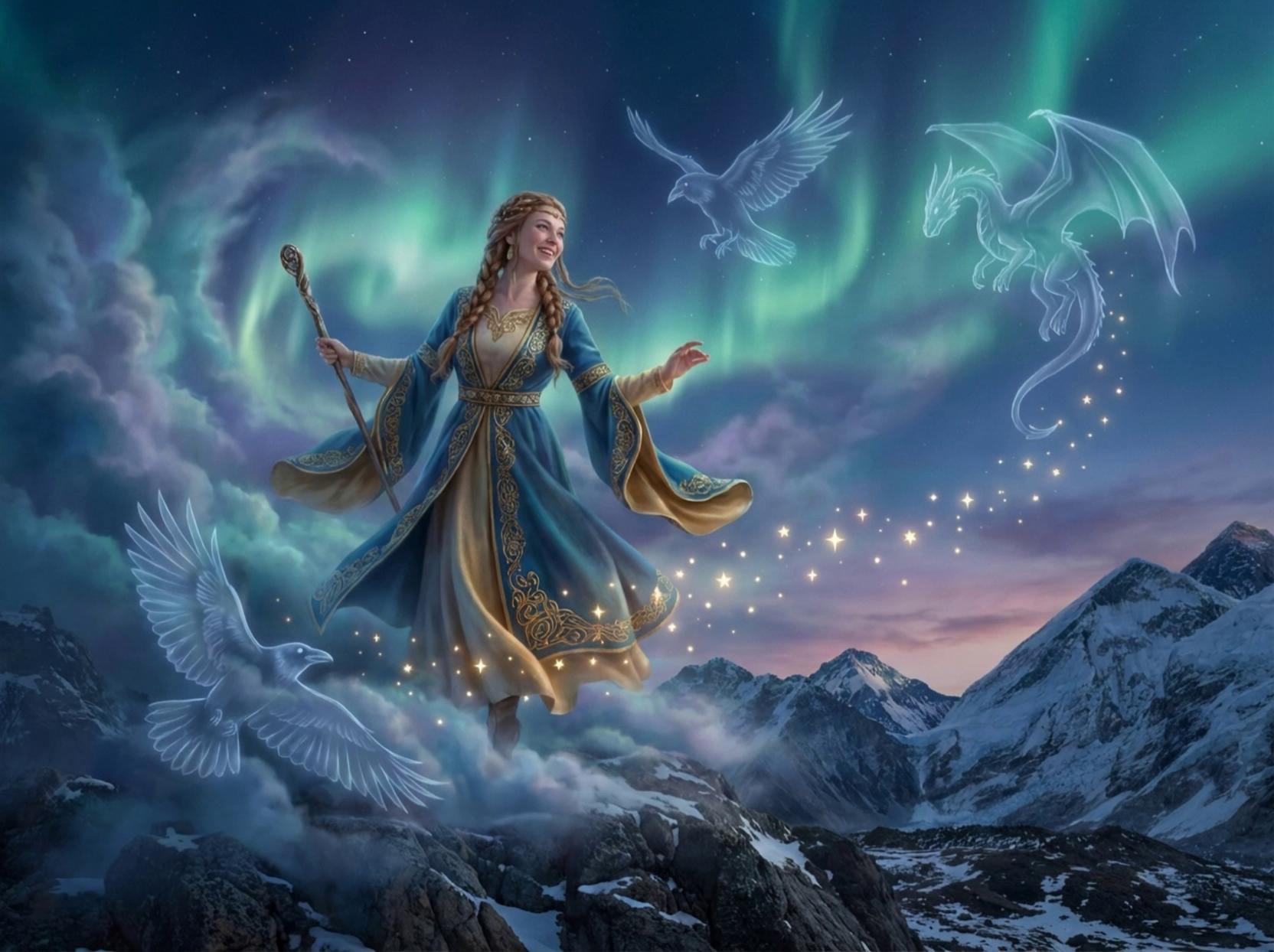 Prompt: Norse gods and godessess dancing through the sky