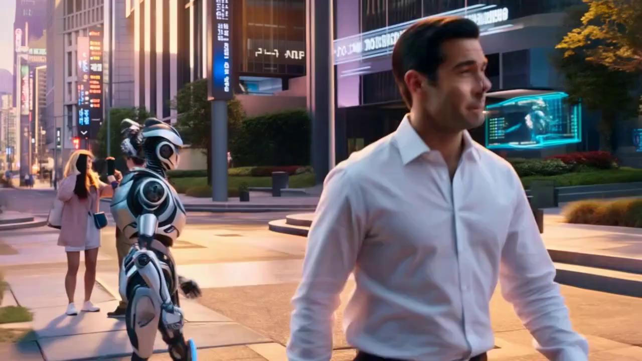 Prompt: A confident man in a white shirt (based on uploaded image) walks down a modern city street surrounded by advanced humanoid AI robots. The atmosphere is futuristic but realistic — daylight setting, with sleek buildings, holographic signs, and people in the background taking photos or interacting with the robots. The man walks naturally and calmly, glancing at the robots with curiosity. Some of the robots walk alongside him, others interact with the environment. Smooth camera tracking shot from the front and slight side angle. High cinematic quality, warm lighting, realistic animation.