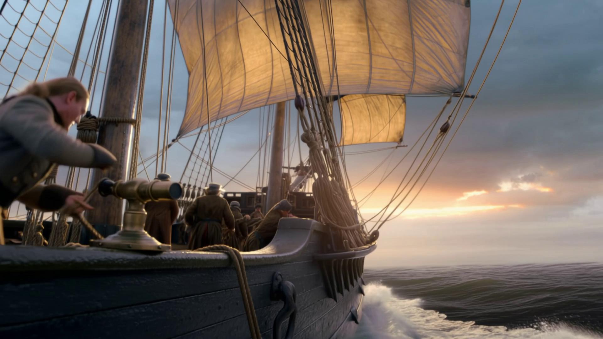 Prompt: Create a YouTube short video of an sea bearing passenger ship from 1700's crossing the Atlantic Ocean coming from Northern Ireland heading to Philadelphia