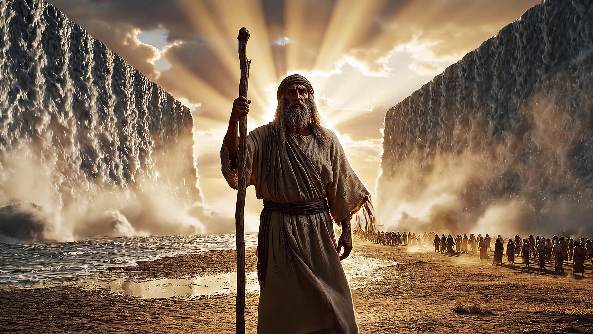Prompt: Wide cinematic shot at dawn: Moses, an elderly Middle Eastern man with a long gray beard and weathered face, stands at the edge of the Red Sea wearing simple ancient robes, holding his staff high. The sea violently parts down the center, towering walls of water frozen in motion on both sides, waves churning and mist rising. A dry seabed stretches forward as distant Israelites begin crossing behind him. Epic, realistic scale, dramatic clouds and golden sunlight breaking through, volumetric light beams illuminating the water walls. Camera slowly dollys forward toward Moses, subtle wind moving his robes, dust and water particles in the air, hyper-realistic textures, cinematic lighting, awe-inspiring and reverent mood, historical biblical realism.