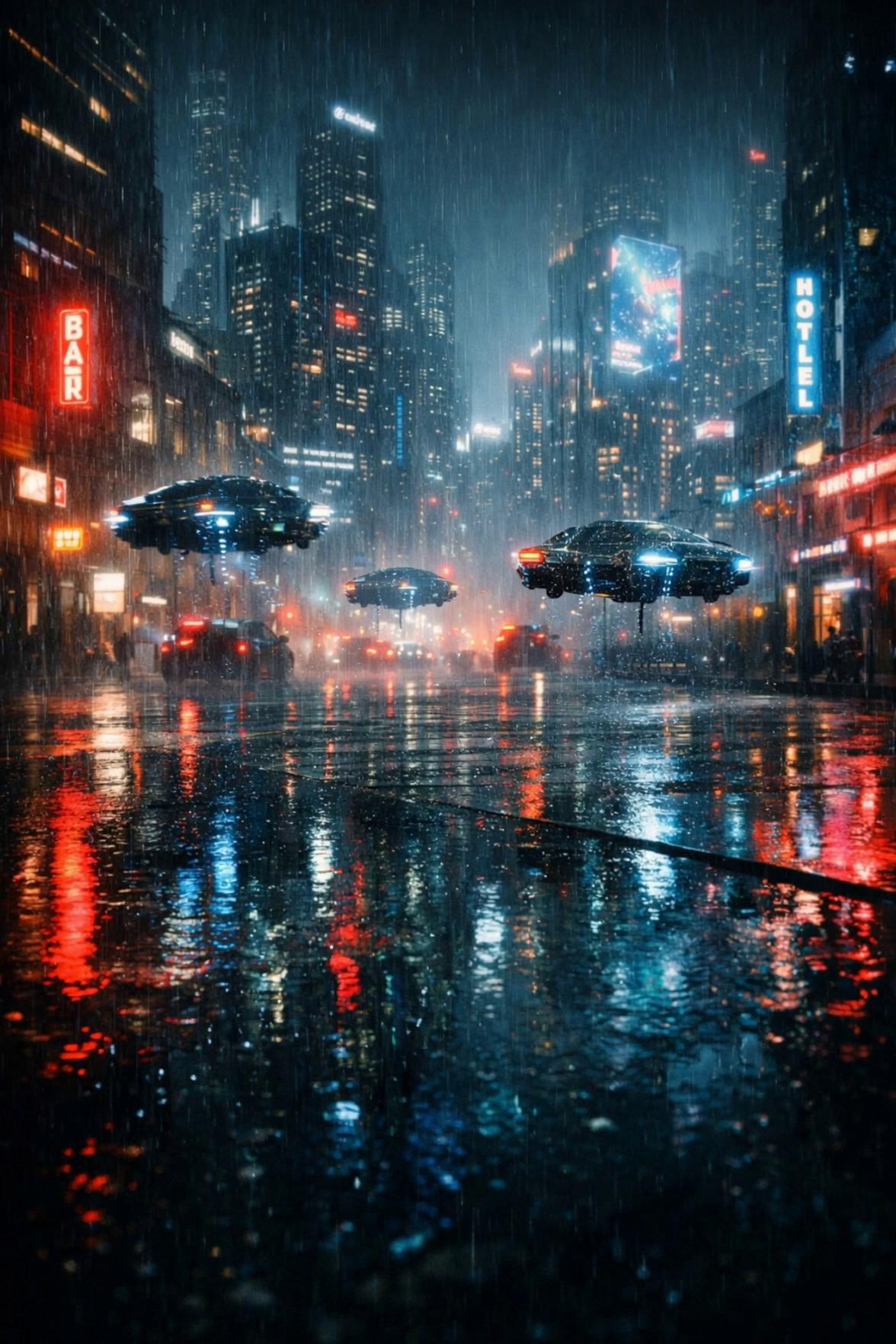 Prompt: Vertical 9:16, ultra-realistic 4K HDR, cinematic IMAX lens, Netflix sci-fi blockbuster style.A rain-drenched futuristic city at night, neon hotel and bar signs glowing through heavy rainfall, flooded pavement reflecting red and blue light like liquid glass. The camera slowly pushes forward at street level. Three sleek hover cars float mid-street, engines emitting a soft blue plasma glow. A sudden digital glitch ripple distorts one vehicle, lights flicker, sparks burst. For a brief moment the falling rain freezes mid-air, then snaps back into motion. Streetlights flicker violently, a distant holographic billboard glitches into static, an electrical pulse travels across the skyline. Low sub-bass rumble builds. All hover cars suddenly freeze mid-air, sound drops into complete silence, the screen flickers like corrupted data, hard cut to black. Subtle glitch text appears: “SYSTEM FAILURE DETECTED.”