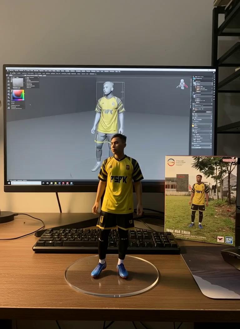Prompt: transparan melingkar tanpa teks apa pun. di layar komputer, tampilkan 3D proses pemodelan gambar. Di sebelah layar komputer, tempatkan mainan bergaya orang itu lalu gunakan model dua tangan mengangkat tinggi akrilik orang dengan gerakan sedikit memutar produk. kotak kemasan di cetak dengan aslinya karya seni resolusi 8k realistis.