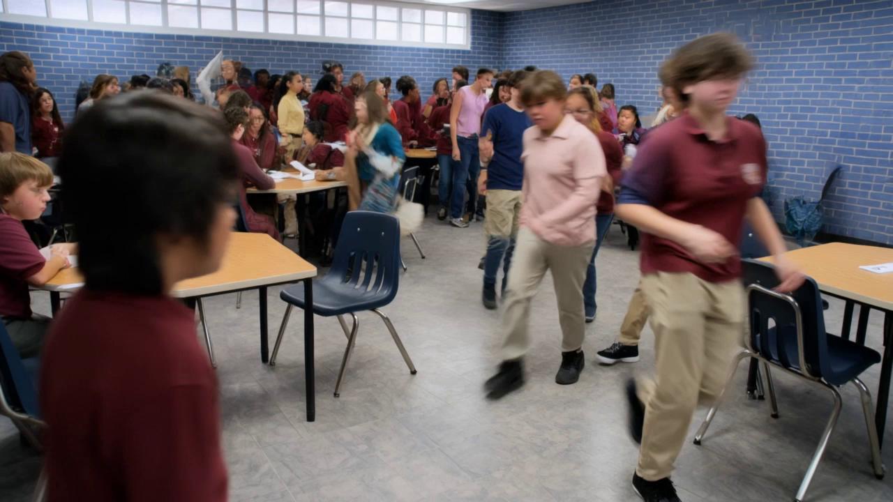 Prompt: The scene takes place in a small elementary school classroom that is extremely crowded with around 100 students scattered between desks. The room feels packed like a busy airport or stampede crowd. Children are rushing around trying to find partners for a classroom activity.The young boy from the reference element stands in the middle of the crowd looking left and right anxiously trying to find someone to partner with. Students move past him in every direction.The camera slowly moves through the crowded classroom while the boy turns his head left and right searching through the sea of students.Cinematic realism, natural classroom lighting, chaotic crowd movement, handheld camera feeling.