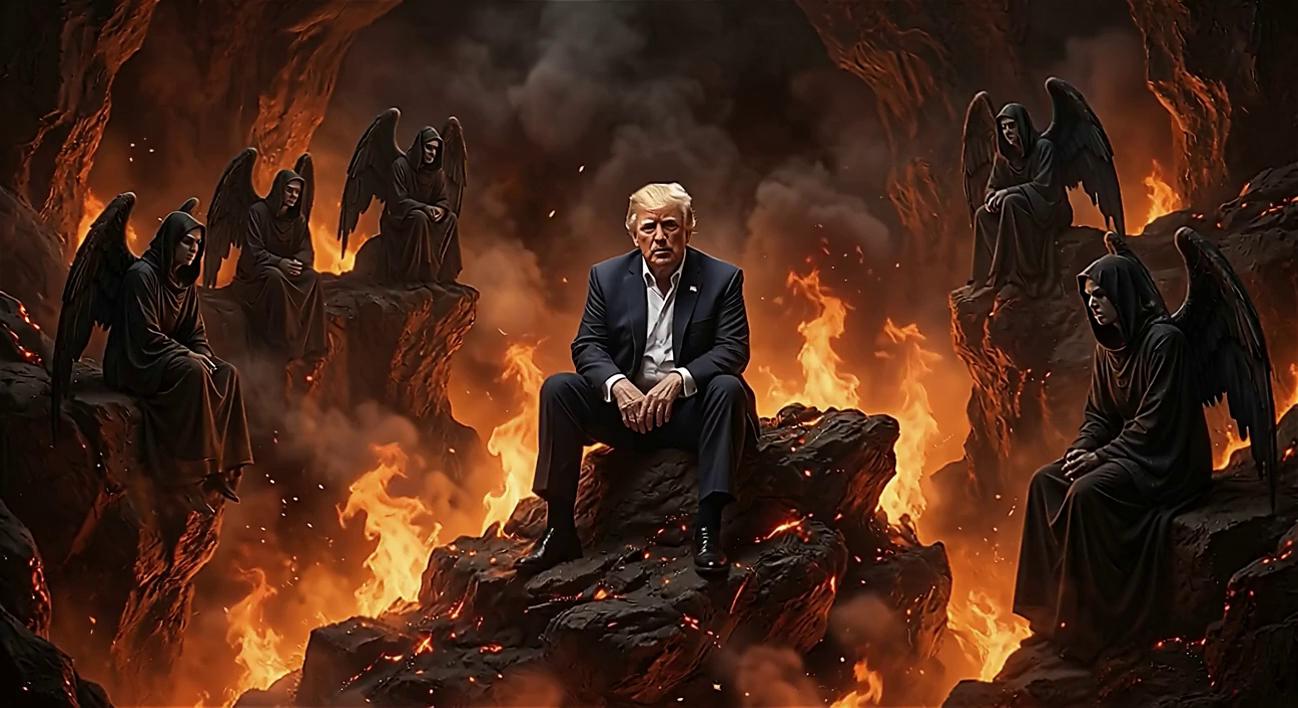 Prompt: Donald Trump stands up and African Angels appeaer with Wings, they are holding Chains.