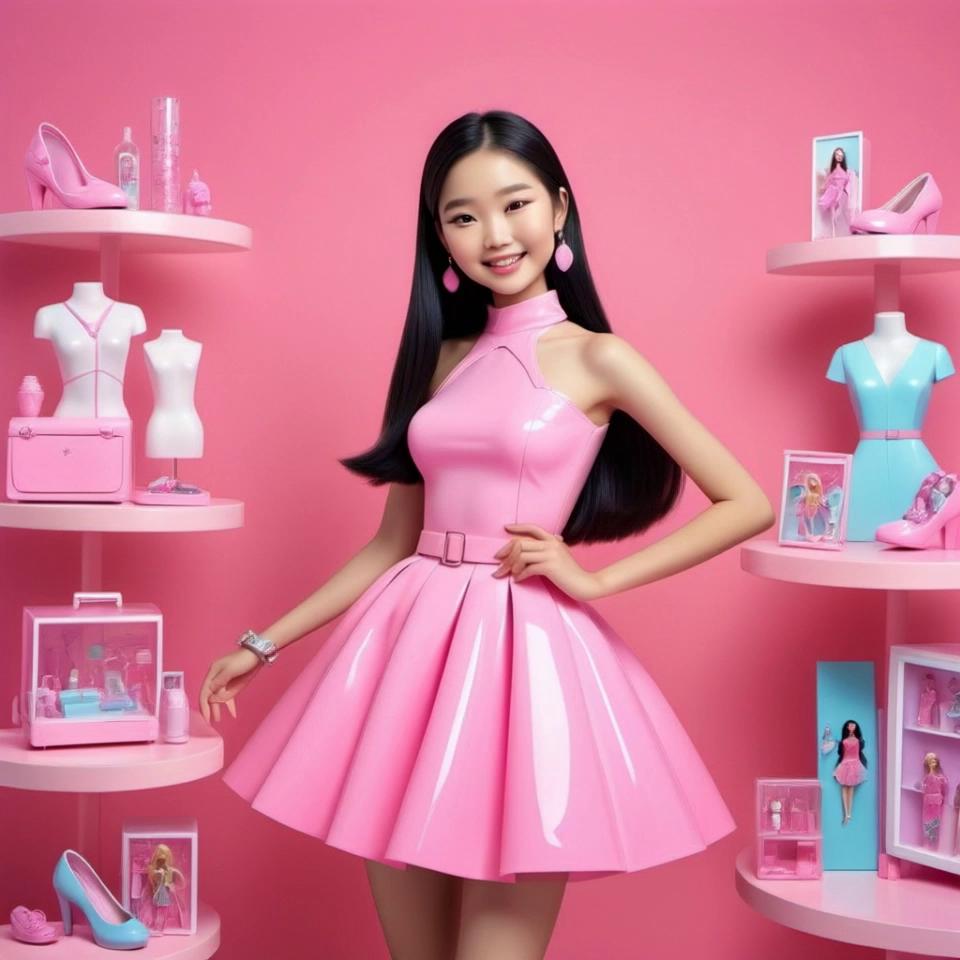 Prompt: Asian woman  becoming like barbie  becoming  more plastic and ditzy smiling big
